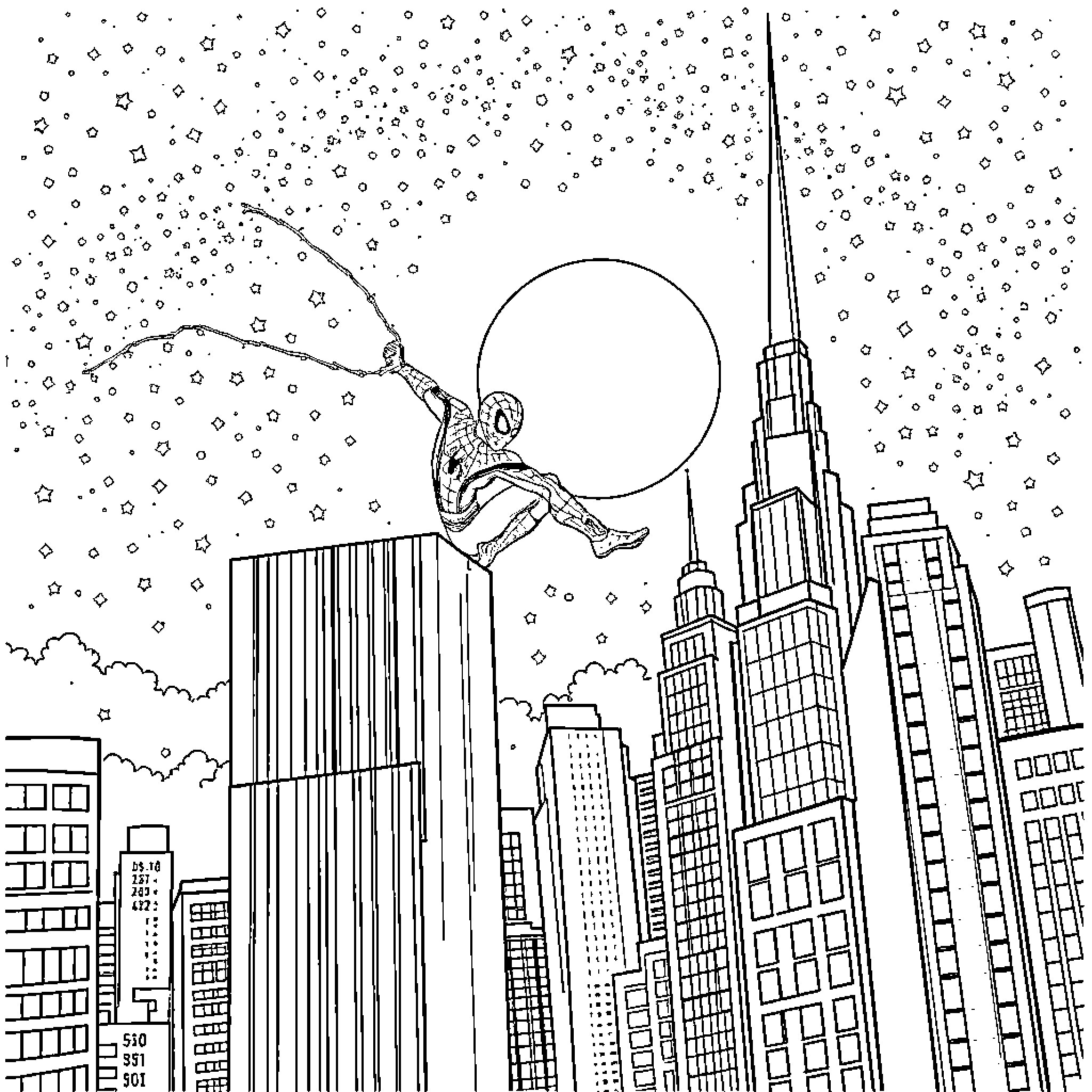Spiderman swinging through the city skyline Coloring Page (free black-and-white line drawing printable PDF for all, from beginners to advanced learners, including children, teens, adults, and seniors)