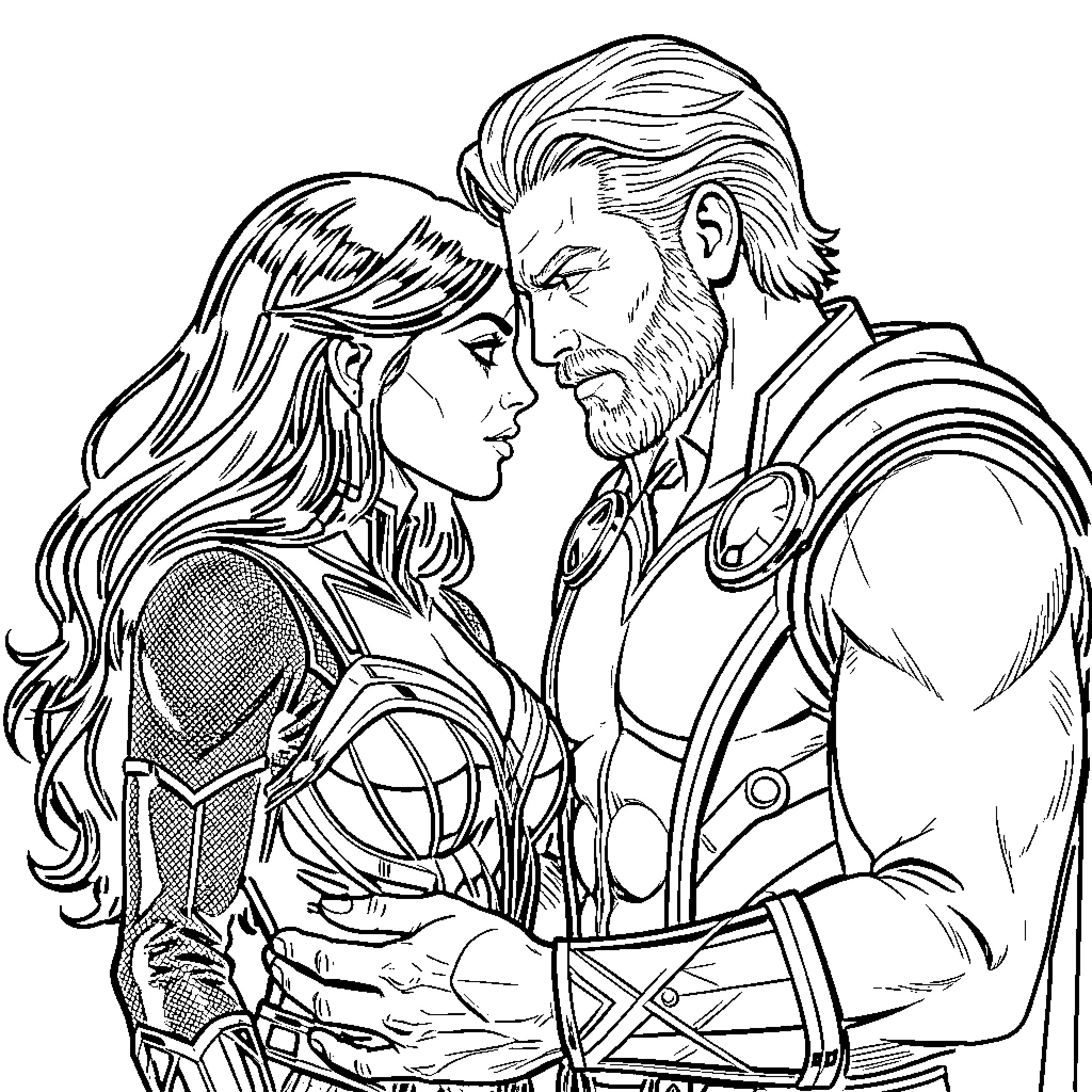 Black Widow sharing an intimate moment with a hero Coloring Page (free black-and-white line drawing printable PDF for all, from beginners to advanced learners, including children, teens, adults, and seniors)