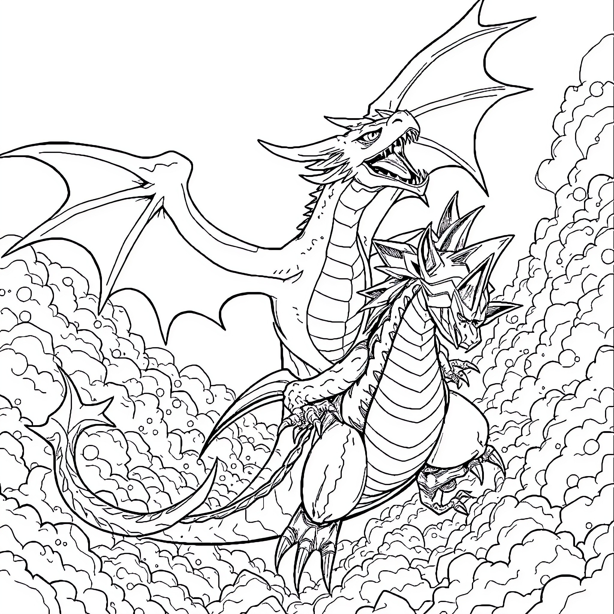 Dragon Breathing Fire in the Clouds Coloring Page (free black-and-white line drawing printable PDF for all, from beginners to advanced learners, including children, teens, adults, and seniors)