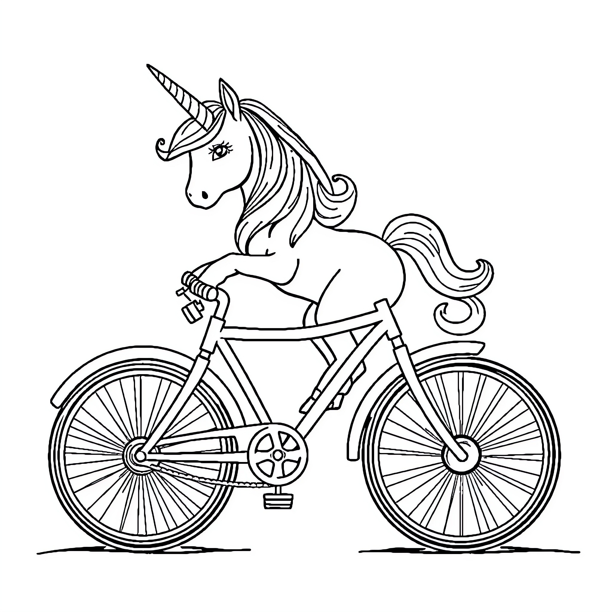 Unicorn riding a bicycle happily Coloring Page (free black-and-white line drawing printable PDF for all, from beginners to advanced learners, including children, teens, adults, and seniors)