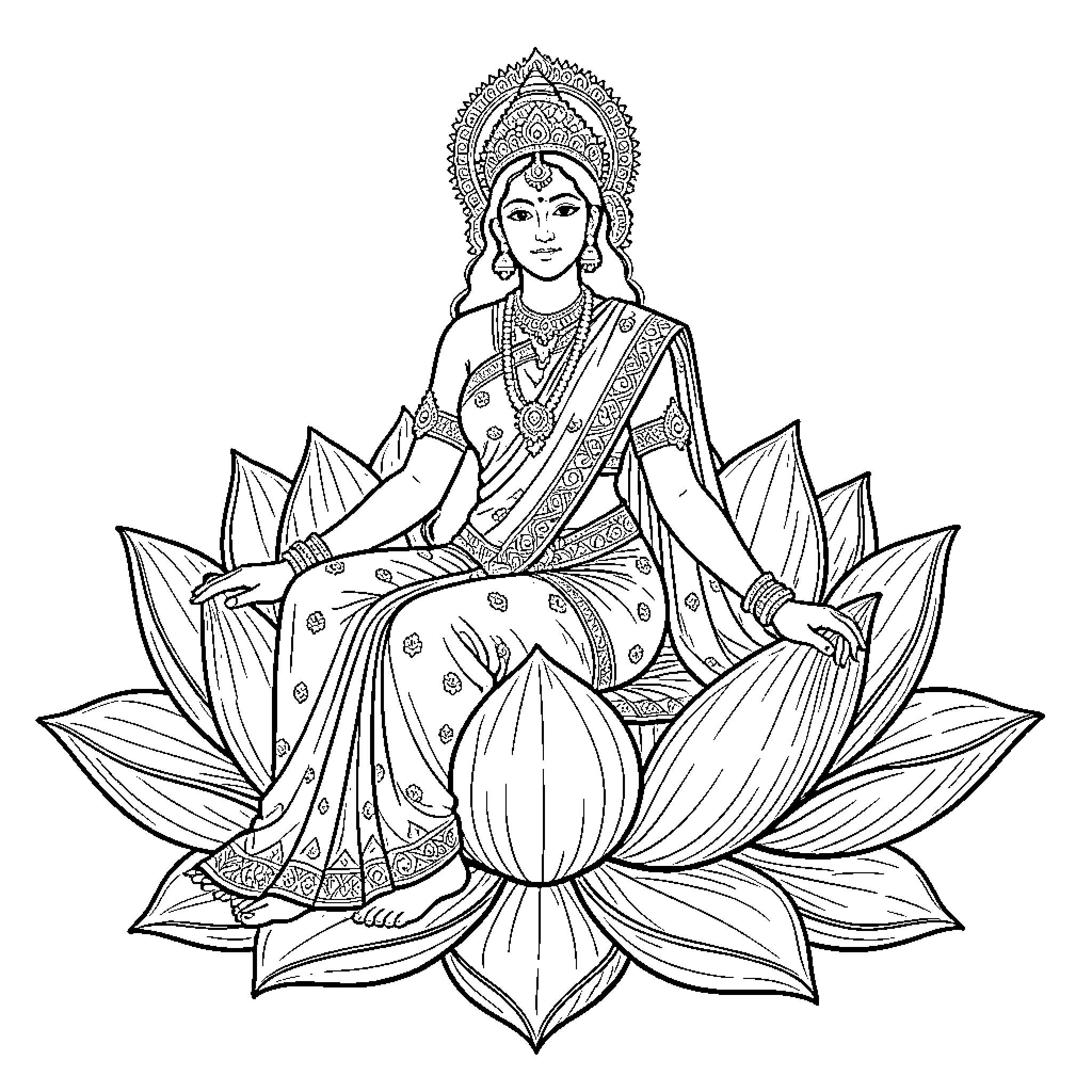 Goddess sitting serenely atop a large blooming lotus Coloring Page (free black-and-white line drawing printable PDF for all, from beginners to advanced learners, including children, teens, adults, and seniors)