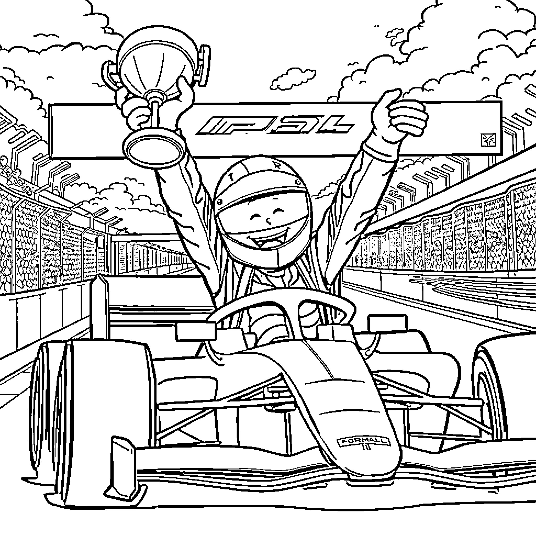 Formula 1 Driver Celebrating Victory in Race Coloring Page (free black-and-white line drawing printable PDF for all, from beginners to advanced learners, including children, teens, adults, and seniors)
