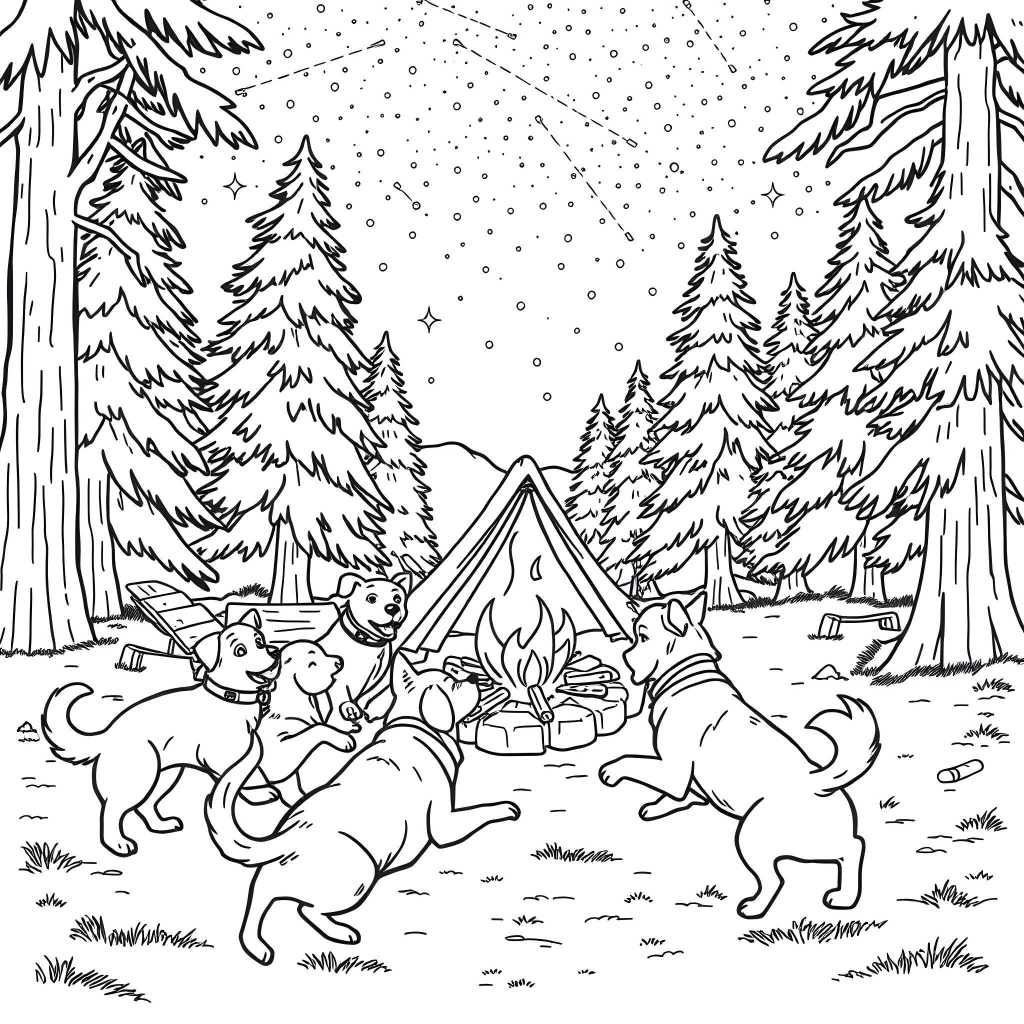 Dog Campsite Adventure Under the Starry Night Sky Coloring Page (free black-and-white line drawing printable PDF for all, from beginners to advanced learners, including children, teens, adults, and seniors)