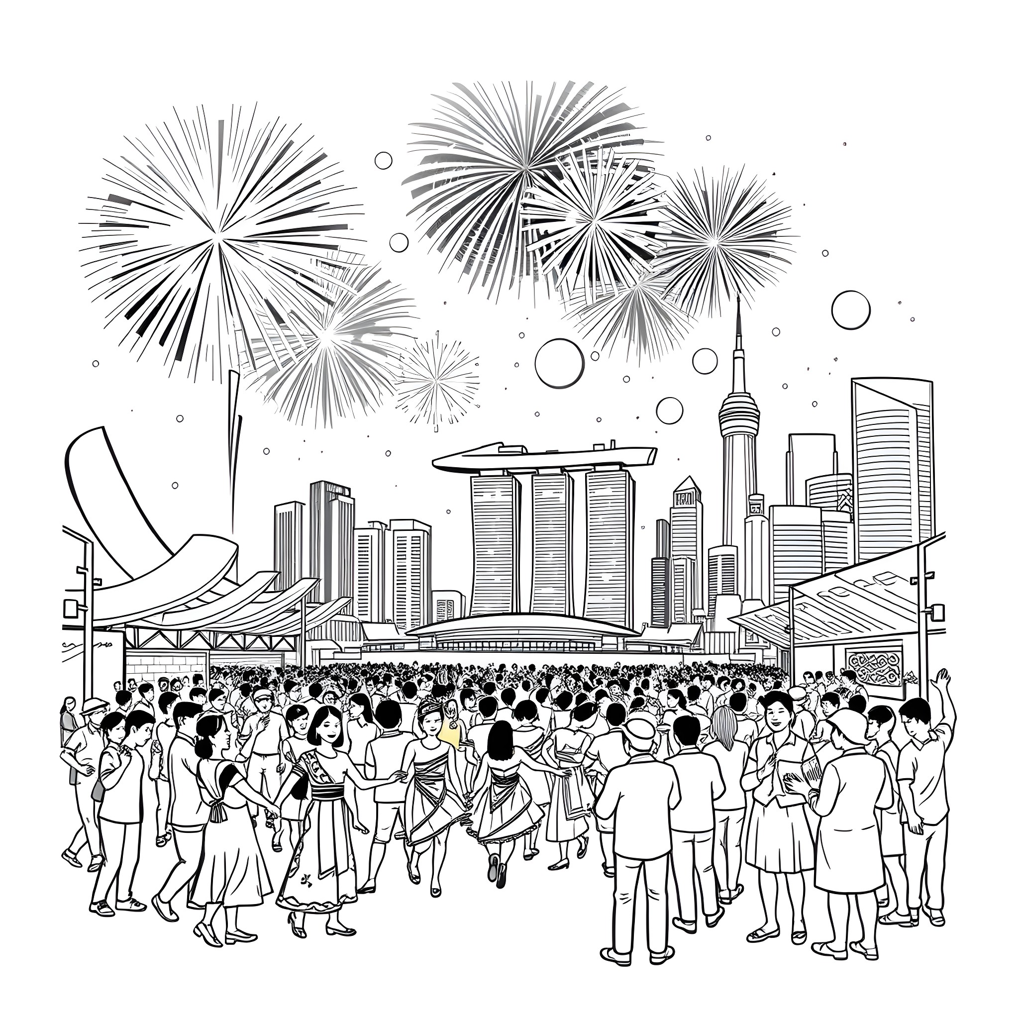Singapore cityscape with crowd celebrating fireworks display Coloring Page (free black-and-white line drawing printable PDF for all, from beginners to advanced learners, including children, teens, adults, and seniors)