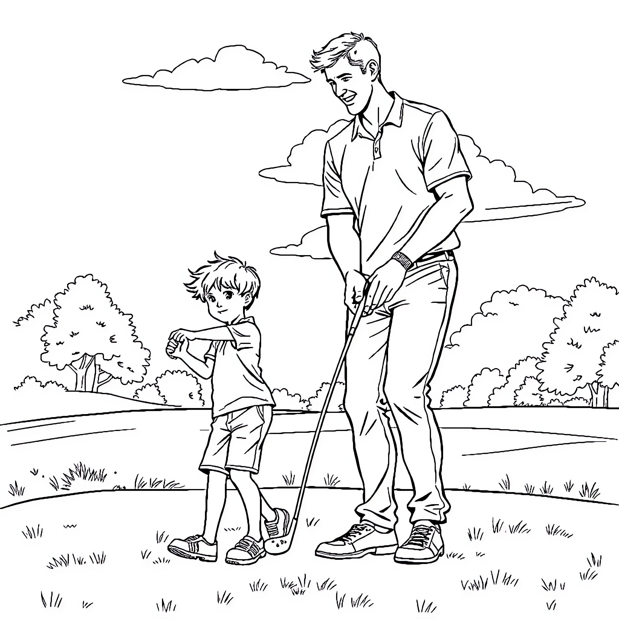 Golf lesson for a young boy in the park Coloring Page (free black-and-white line drawing printable PDF for all, from beginners to advanced learners, including children, teens, adults, and seniors)