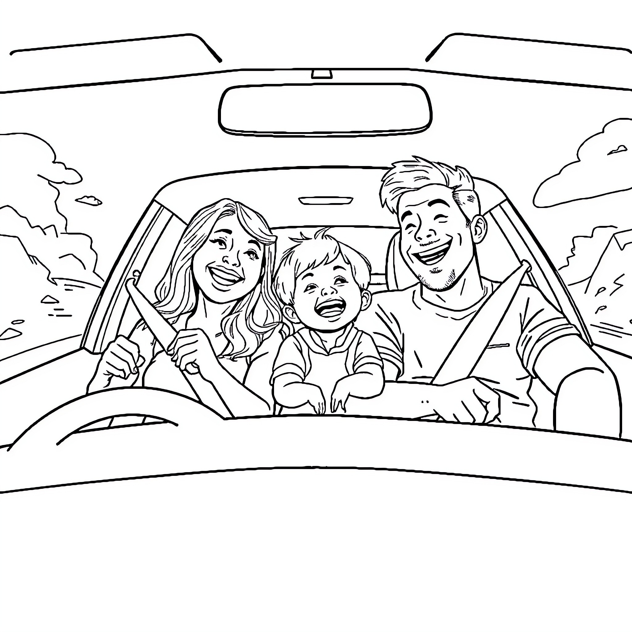 Ford Fiesta family enjoying a road trip Coloring Page (free black-and-white line drawing printable PDF for all, from beginners to advanced learners, including children, teens, adults, and seniors)