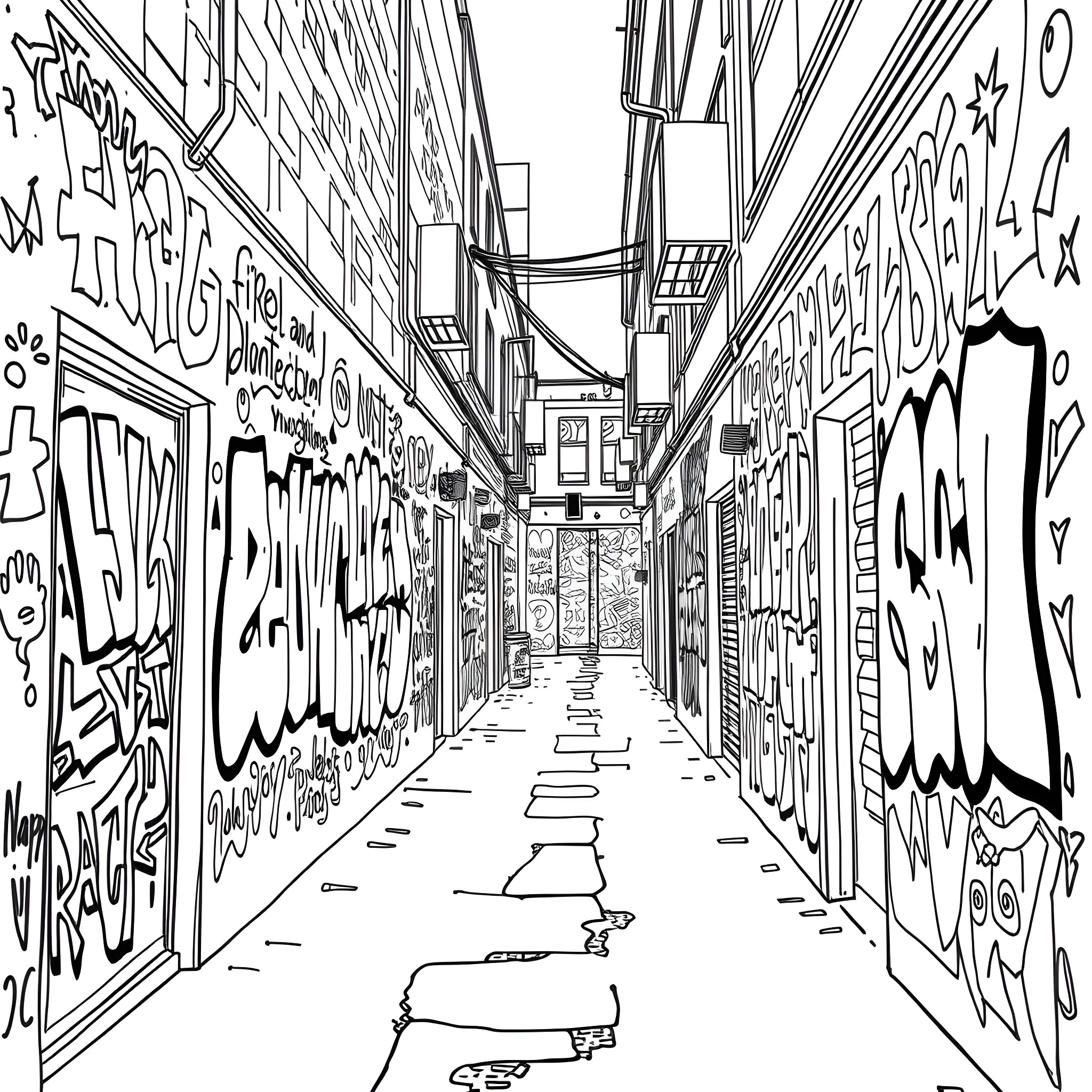 Graffiti-covered alleyway with hidden figures Coloring Page (free black-and-white line drawing printable PDF for all, from beginners to advanced learners, including children, teens, adults, and seniors)