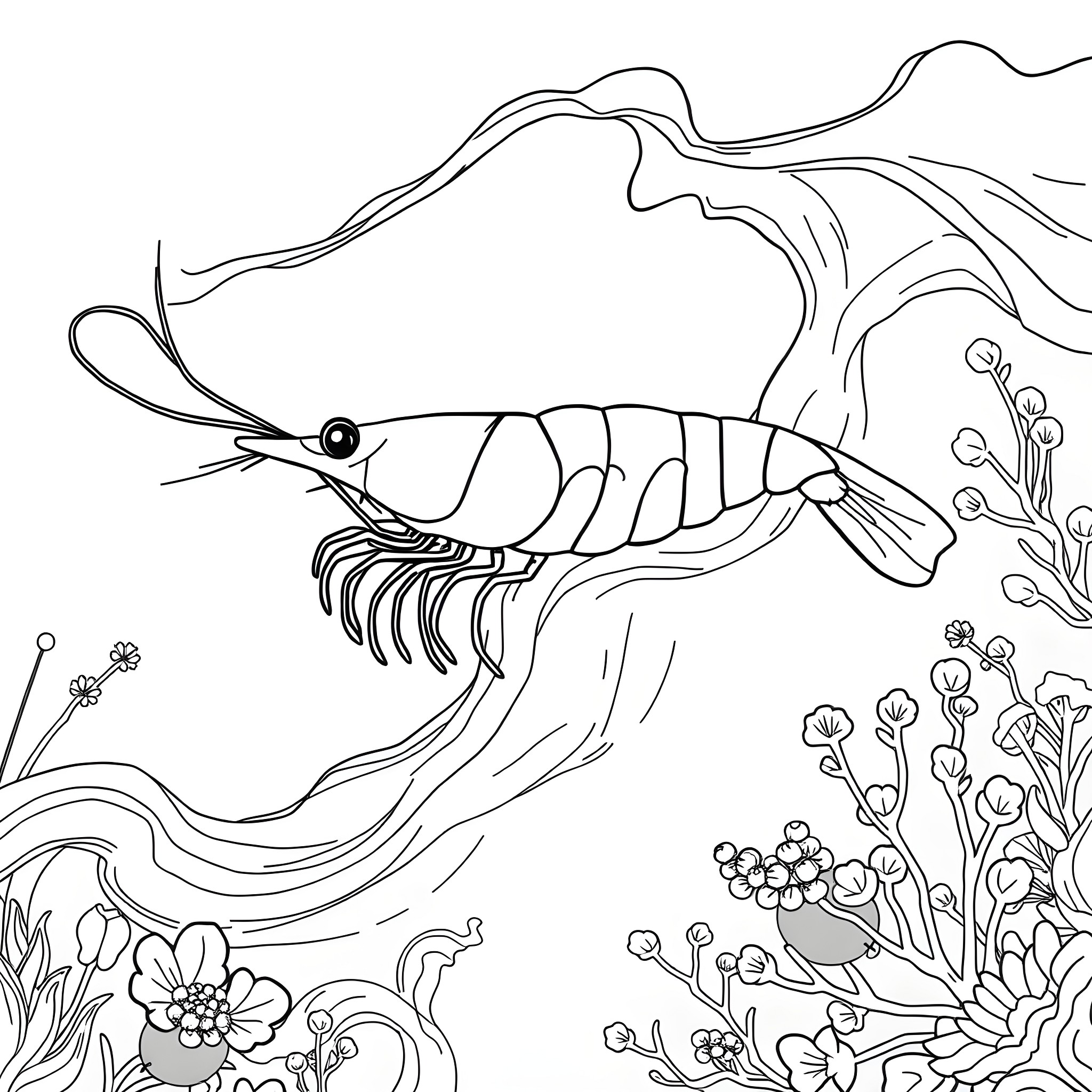 Shrimp swimming gracefully through underwater flora Coloring Page (free black-and-white line drawing printable PDF for all, from beginners to advanced learners, including children, teens, adults, and seniors)