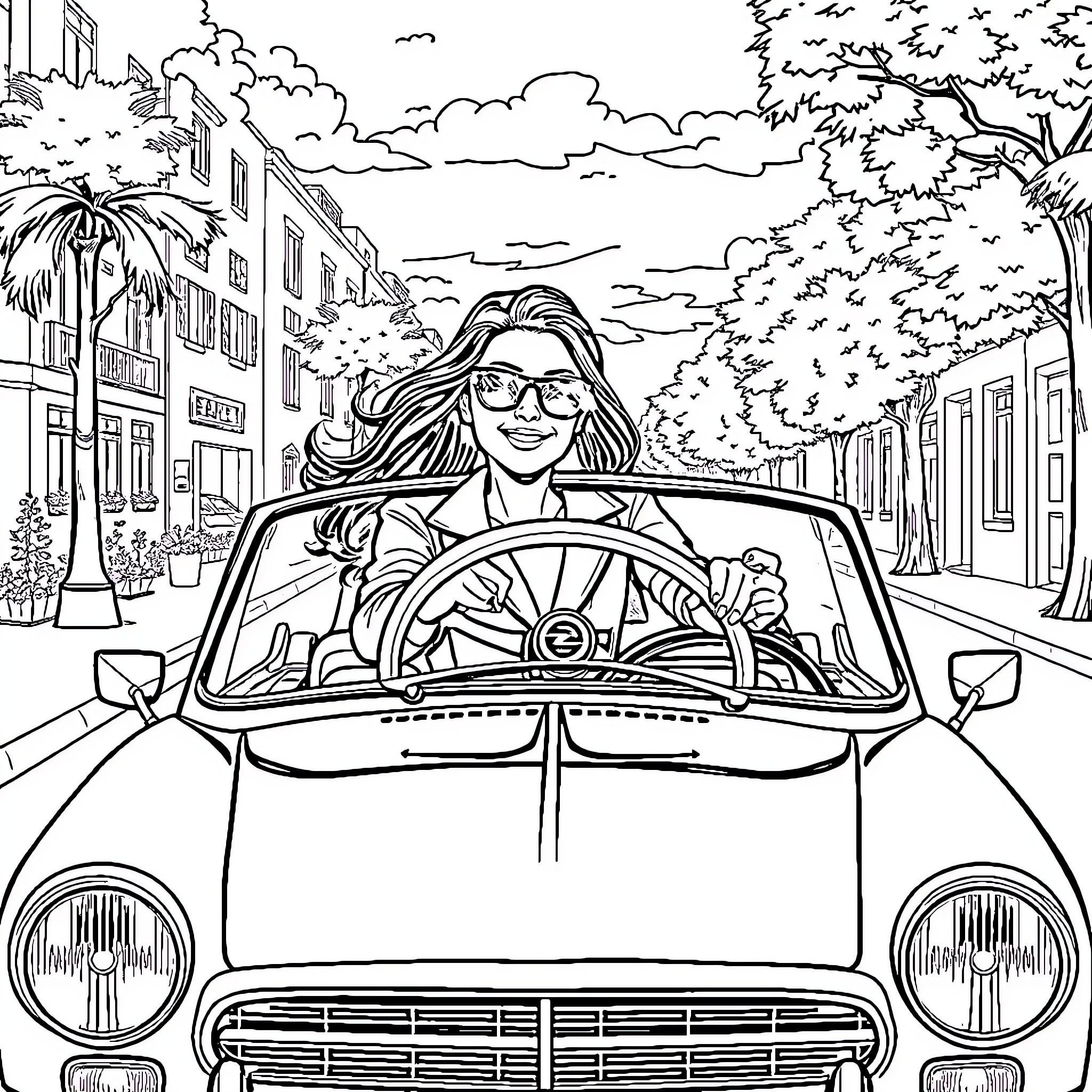 Chick drives classic car down city street Coloring Page (free black-and-white line drawing printable PDF for all, from beginners to advanced learners, including children, teens, adults, and seniors)