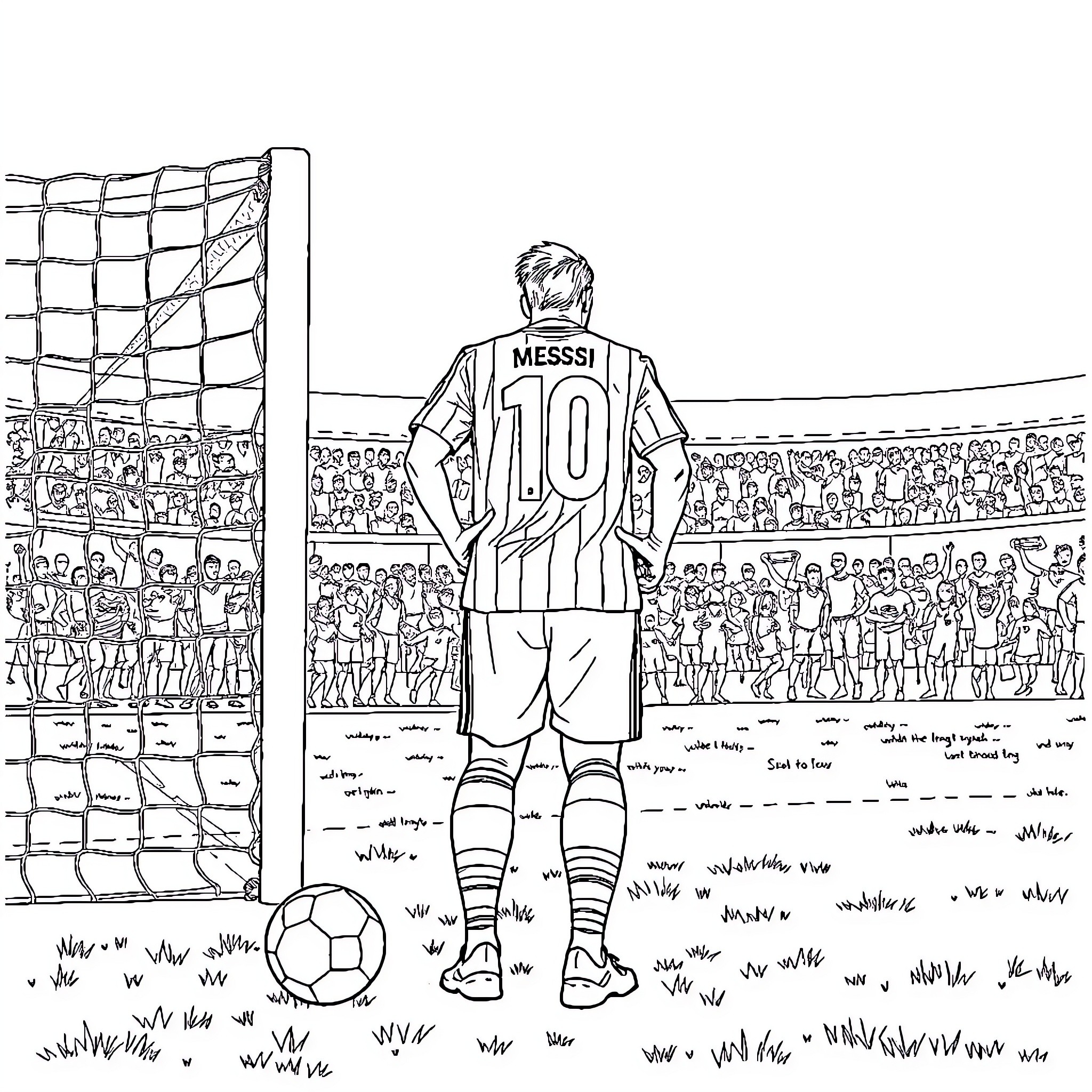 Lionel Messi preparing for a soccer match on the field Coloring Page (free black-and-white line drawing printable PDF for all, from beginners to advanced learners, including children, teens, adults, and seniors)
