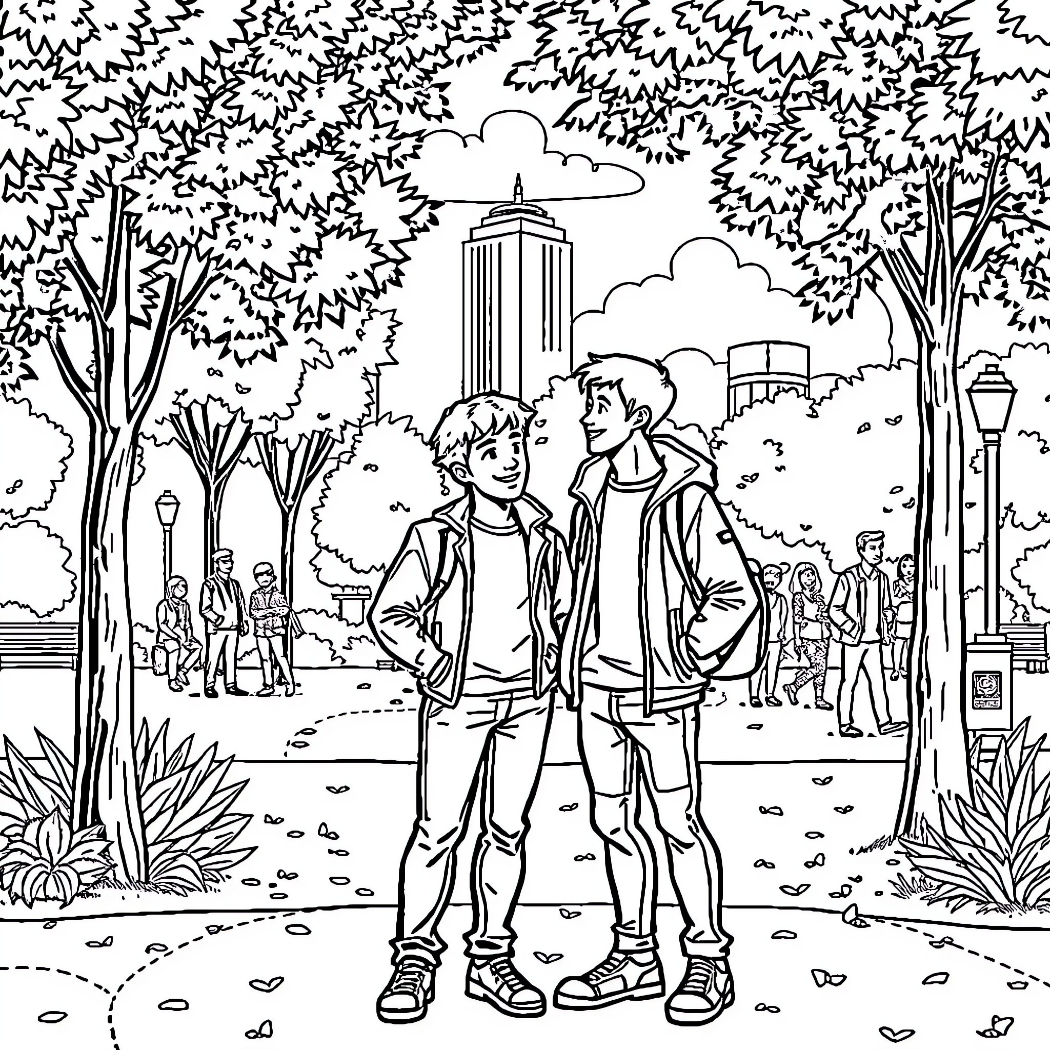 Marcus and Friend Explore Vibrant City Park Coloring Page (free black-and-white line drawing printable PDF for all, from beginners to advanced learners, including children, teens, adults, and seniors)