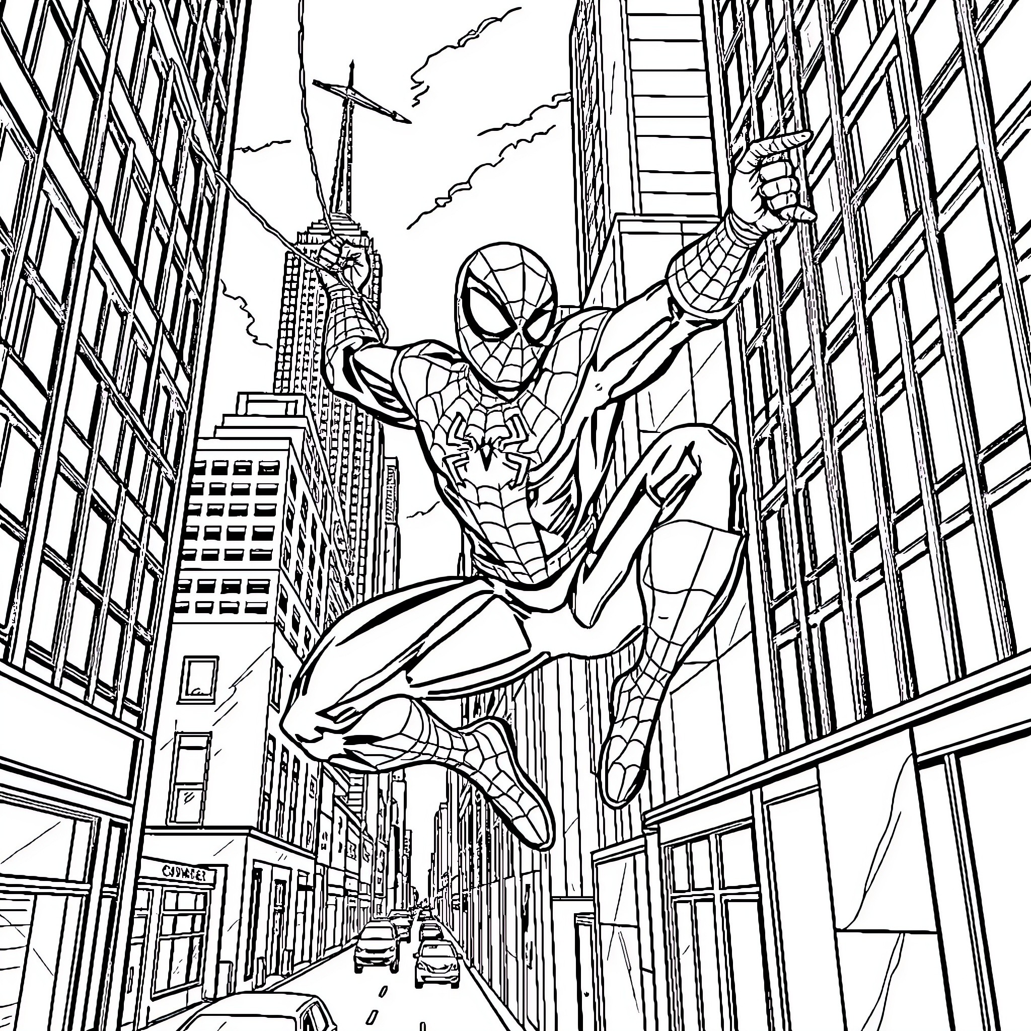 Spiderman swinging through the city skyline Coloring Page (free black-and-white line drawing printable PDF for all, from beginners to advanced learners, including children, teens, adults, and seniors)