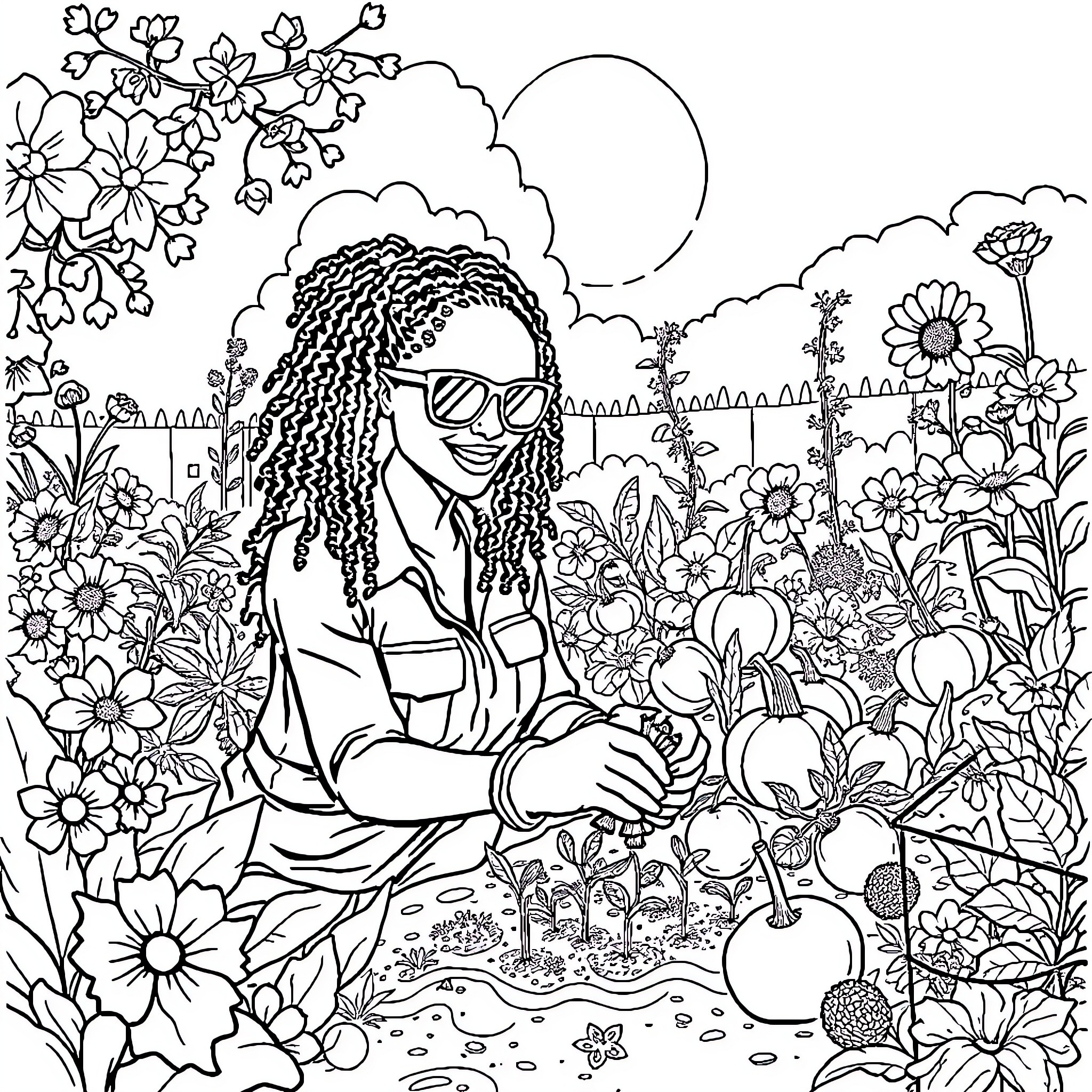 Lady enjoys a peaceful garden setting Coloring Page (free black-and-white line drawing printable PDF for all, from beginners to advanced learners, including children, teens, adults, and seniors)