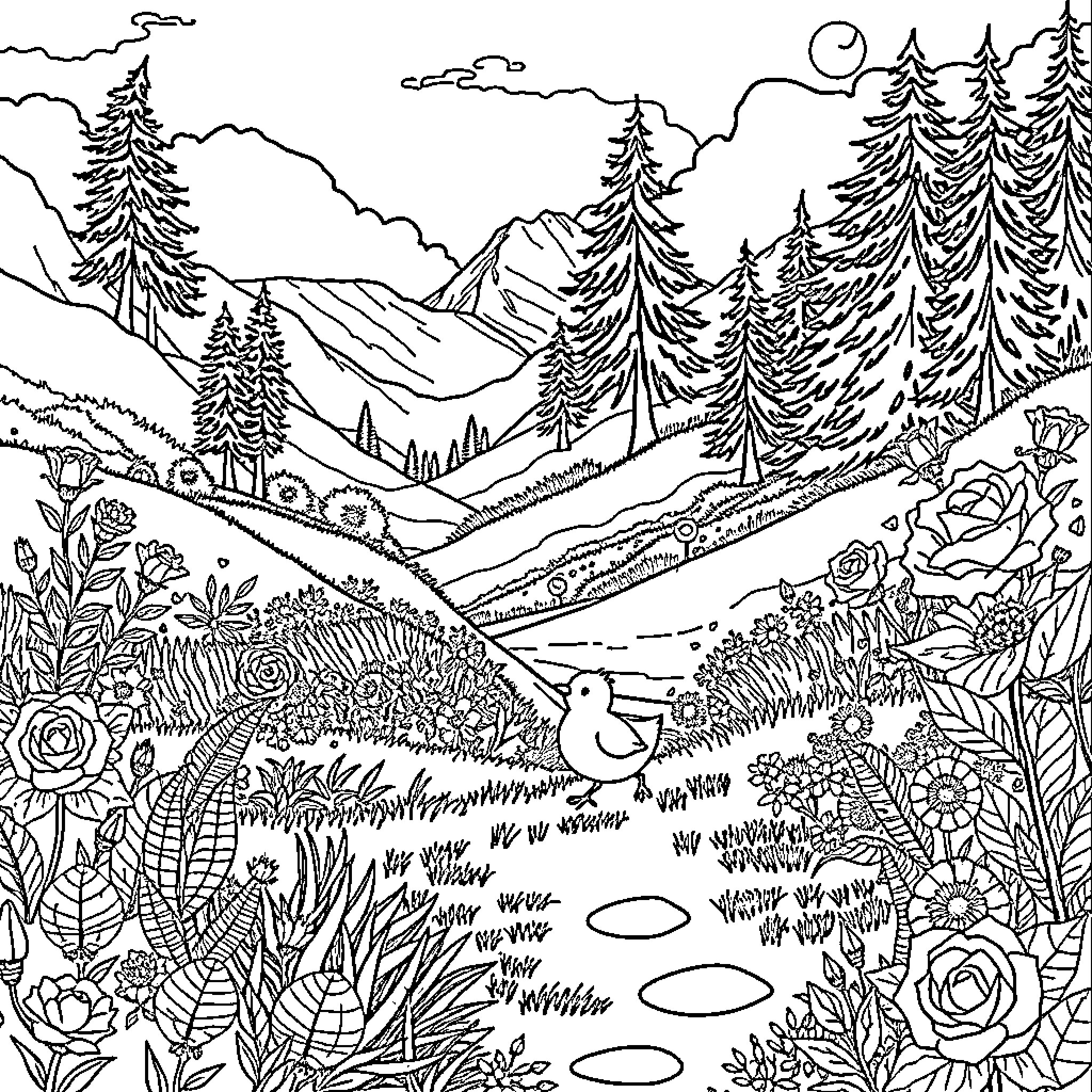 Chick exploring vibrant nature in scenic landscape Coloring Page (free black-and-white line drawing printable PDF for all, from beginners to advanced learners, including children, teens, adults, and seniors)