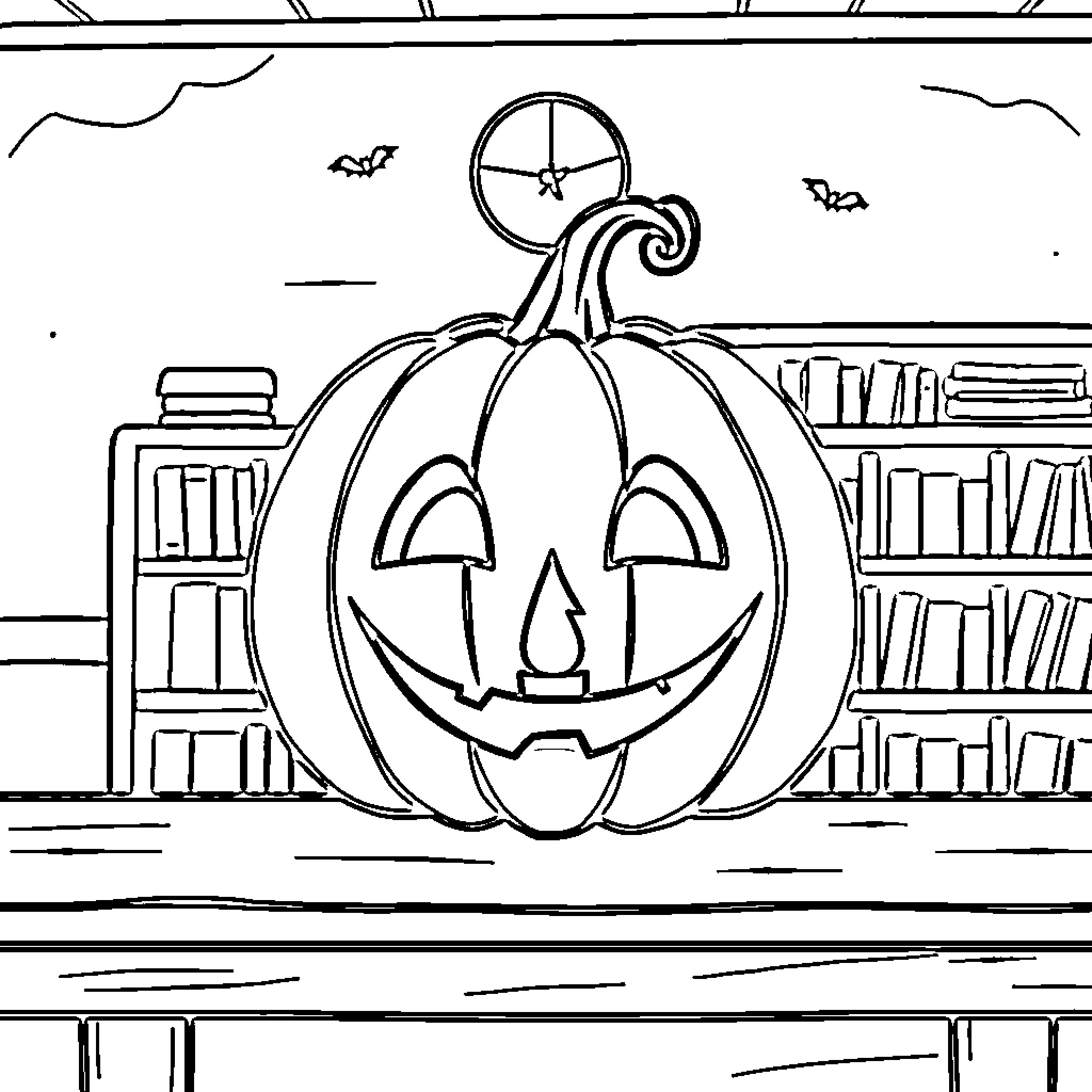 Jack-o'-lantern glowing in a spooky library setting Coloring Page (free black-and-white line drawing printable PDF for all, from beginners to advanced learners, including children, teens, adults, and seniors)