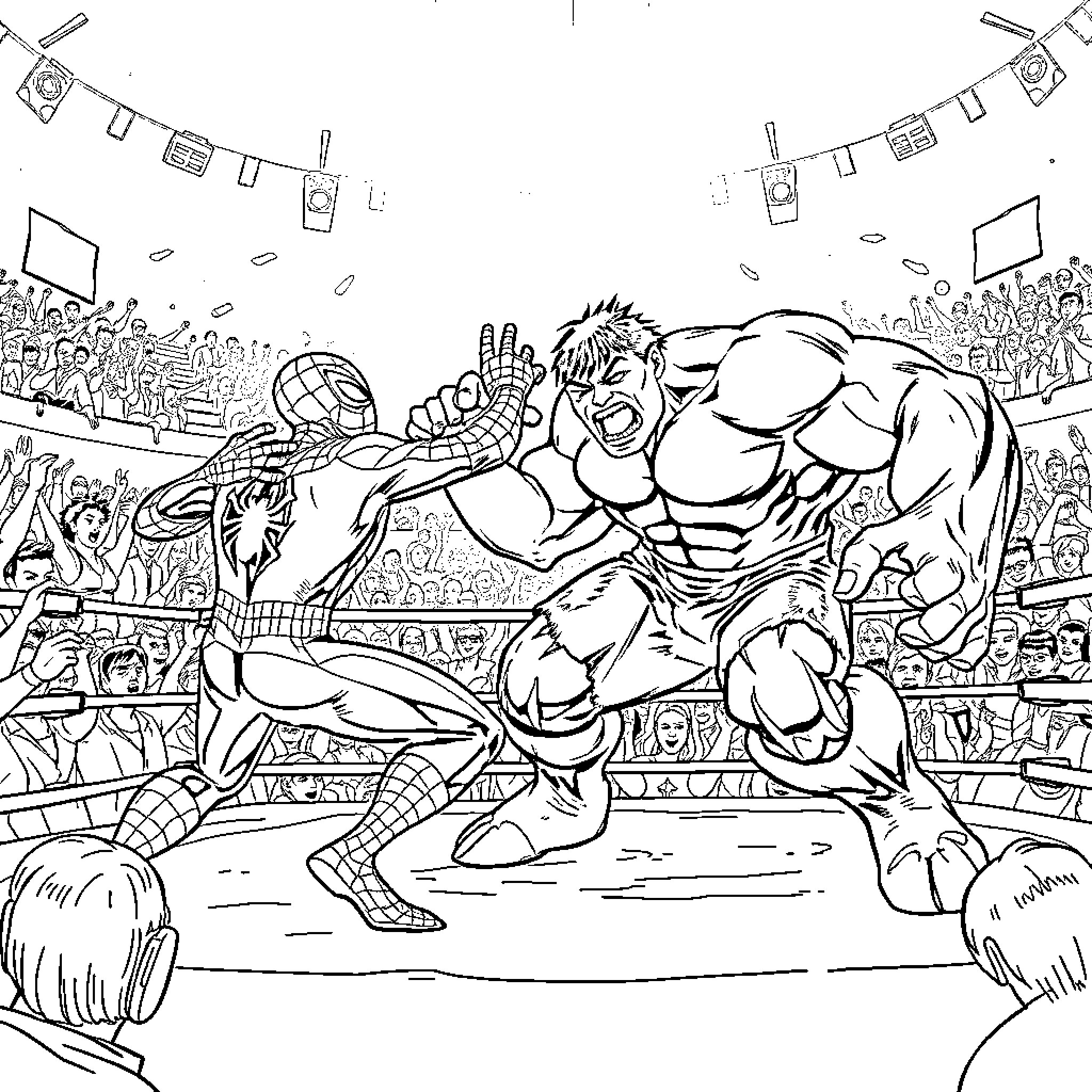 Spiderman Battling a Powerful Opponent in a Packed Arena Coloring Page (free black-and-white line drawing printable PDF for all, from beginners to advanced learners, including children, teens, adults, and seniors)