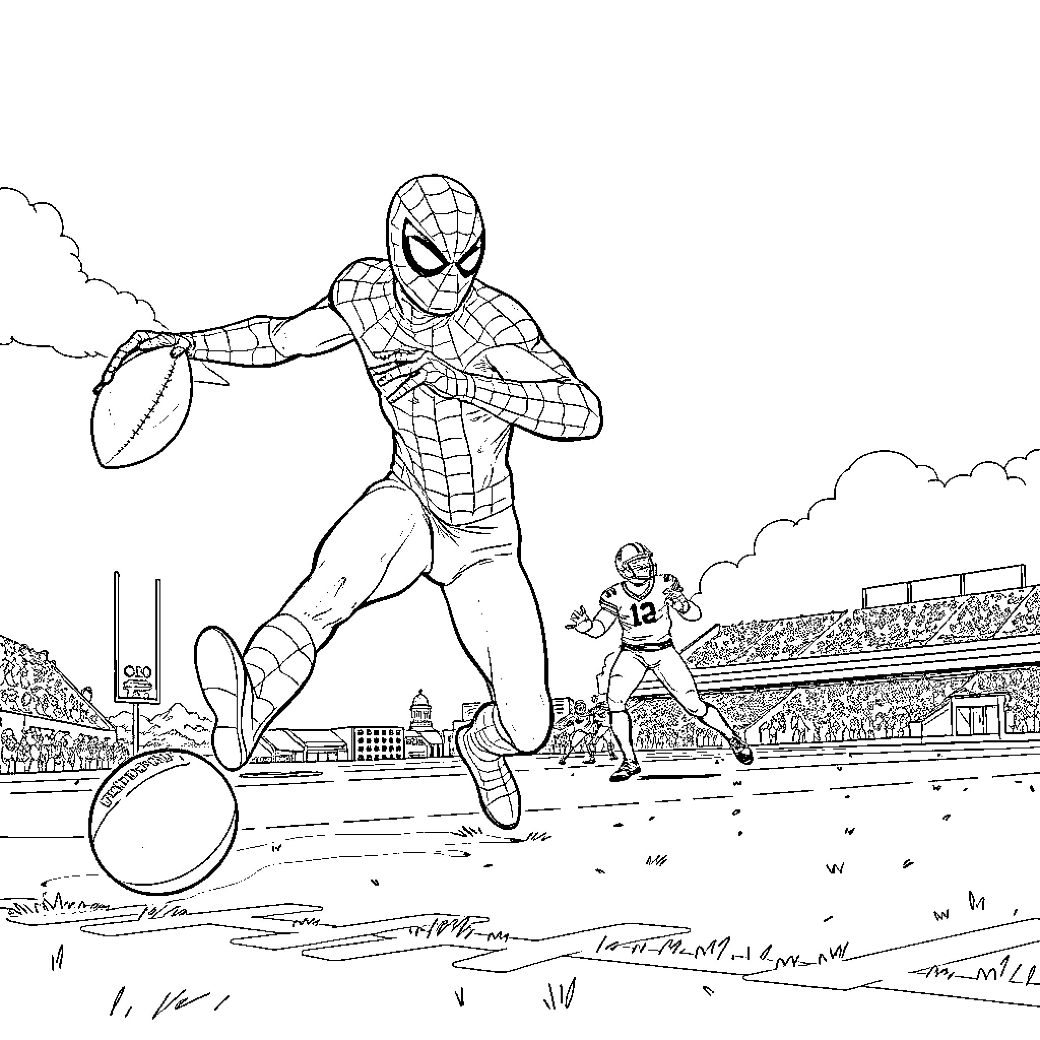 Spider-Man racing on the field with the ball Coloring Page (free black-and-white line drawing printable PDF for all, from beginners to advanced learners, including children, teens, adults, and seniors)