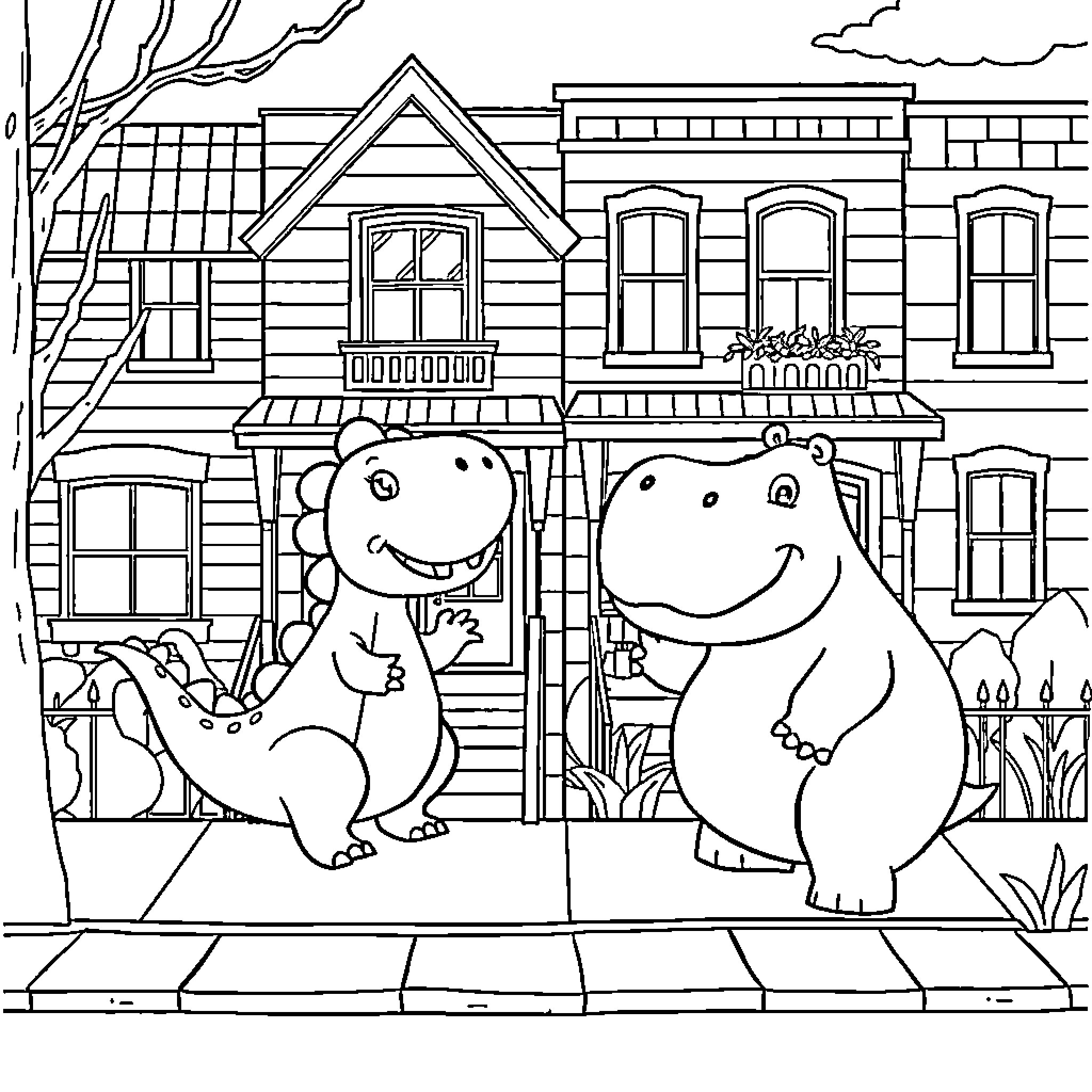 Dino Friends Explore the Neighborhood Coloring Page (free black-and-white line drawing printable PDF for all, from beginners to advanced learners, including children, teens, adults, and seniors)