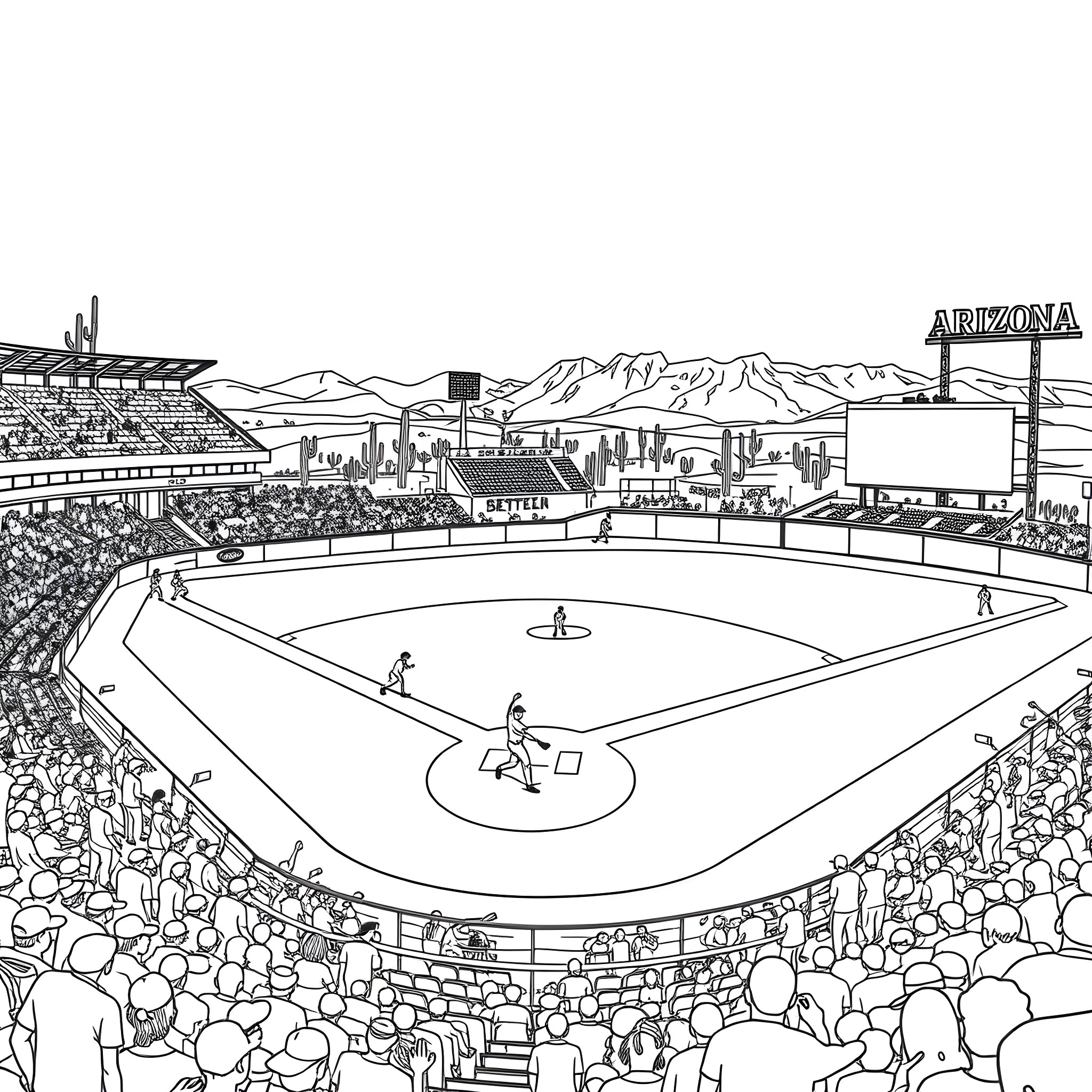 Baseball game in a stadium with mountains Coloring Page (free black-and-white line drawing printable PDF for all, from beginners to advanced learners, including children, teens, adults, and seniors)