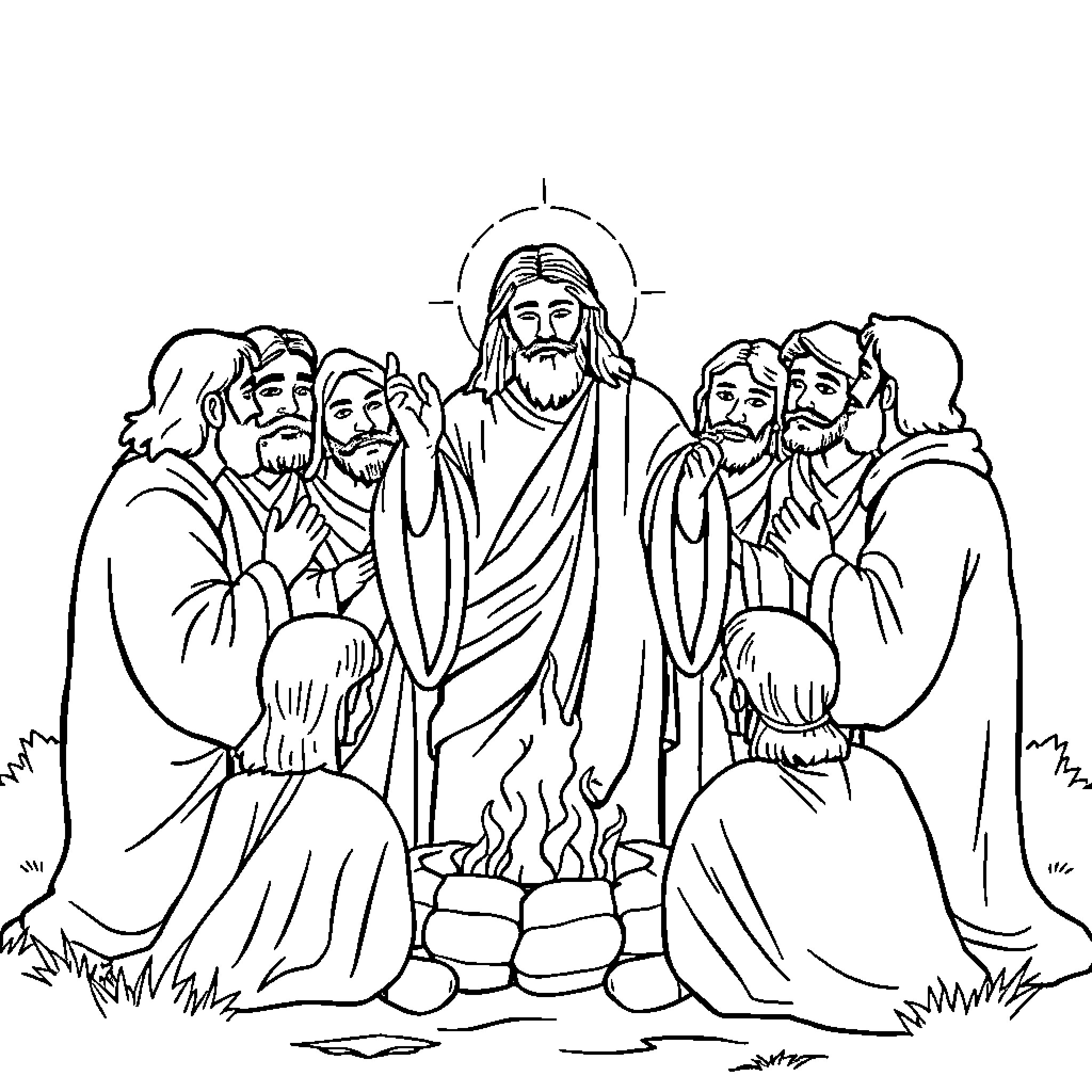 Disciple gathered around Jesus in contemplation Coloring Page (free black-and-white line drawing printable PDF for all, from beginners to advanced learners, including children, teens, adults, and seniors)