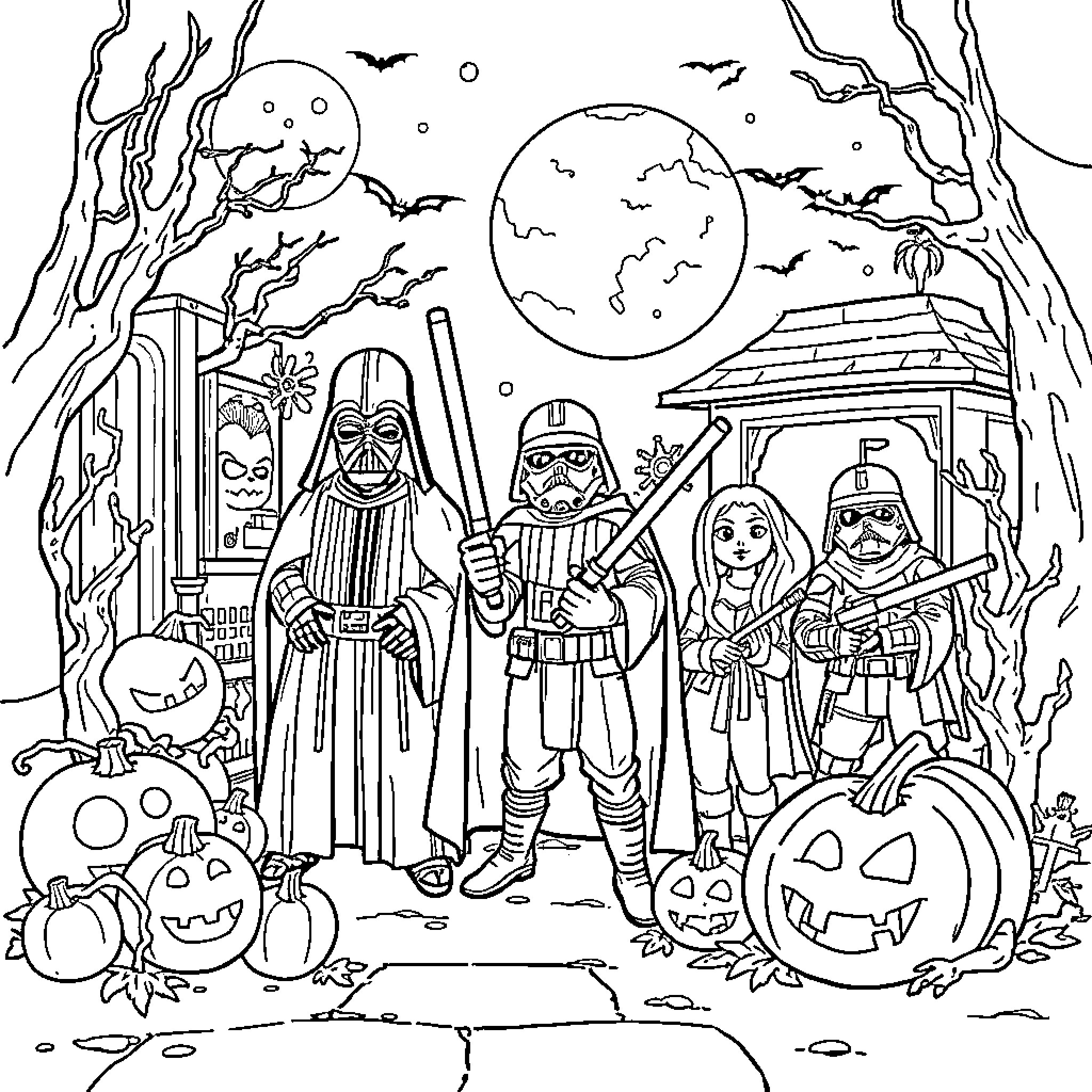 Star Wars characters in a spooky Halloween scene Coloring Page (free black-and-white line drawing printable PDF for all, from beginners to advanced learners, including children, teens, adults, and seniors)