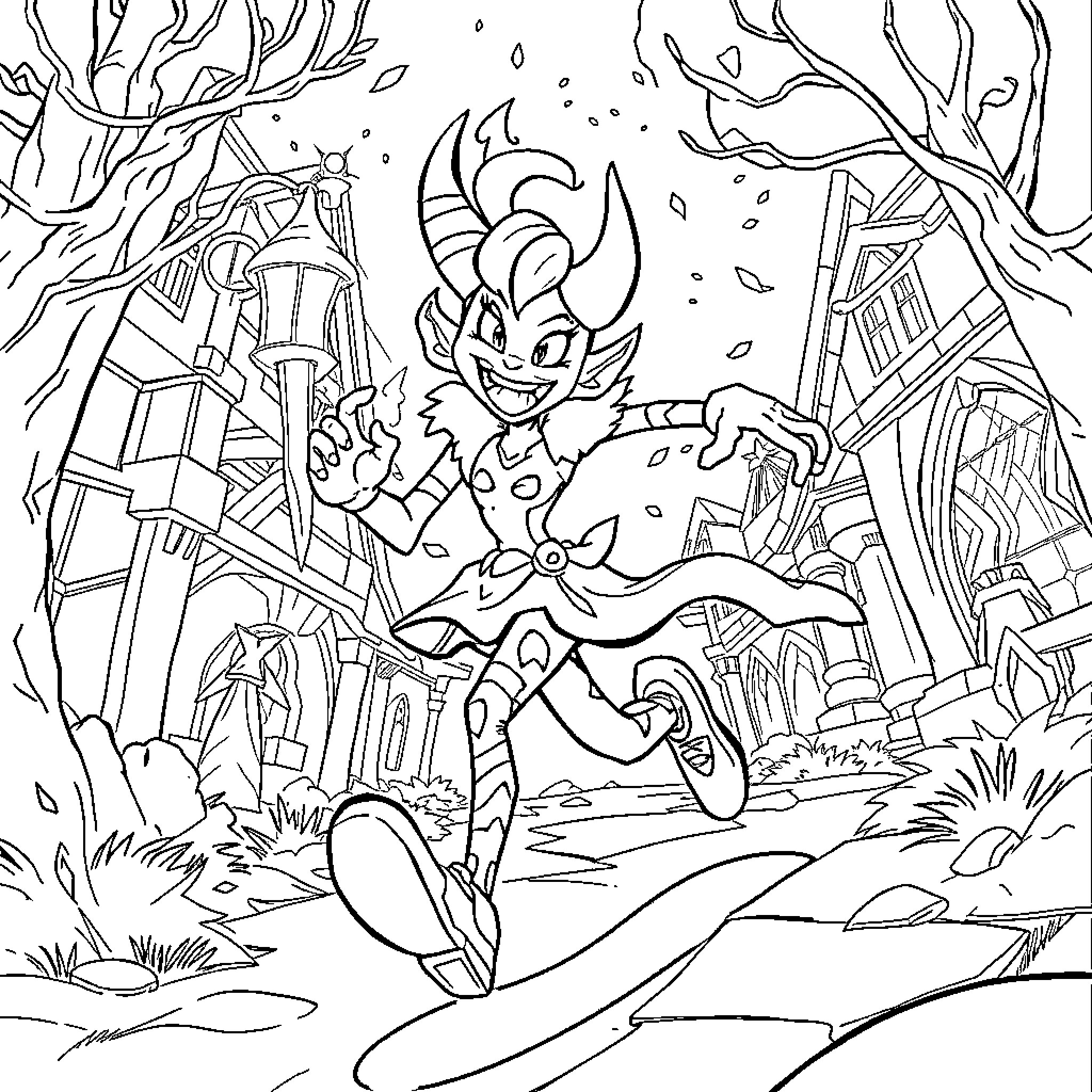 Jinx's Fantastical Adventure in a Magical Realm Coloring Page (free black-and-white line drawing printable PDF for all, from beginners to advanced learners, including children, teens, adults, and seniors)