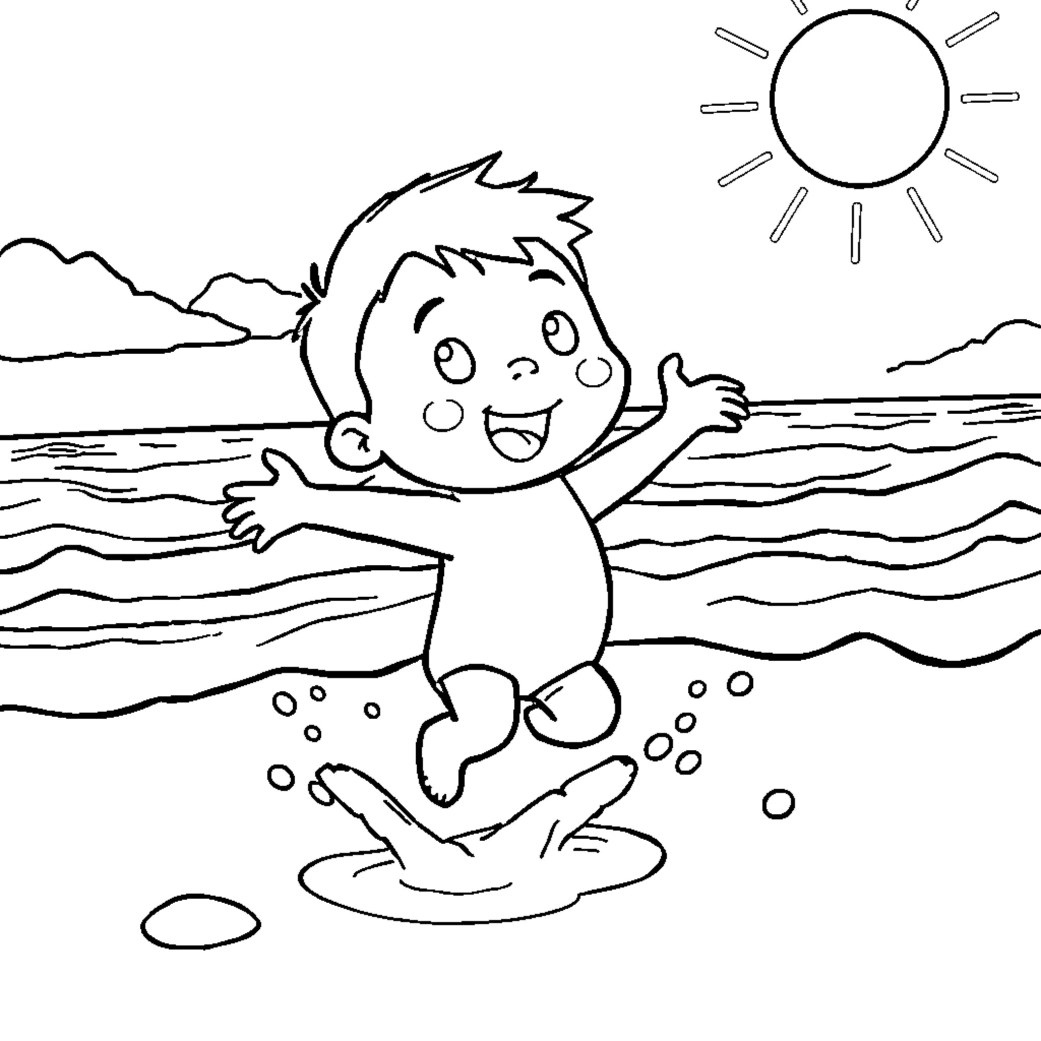 Pocoyo enjoying a sunny day by the beach Coloring Page (free black-and-white line drawing printable PDF for all, from beginners to advanced learners, including children, teens, adults, and seniors)