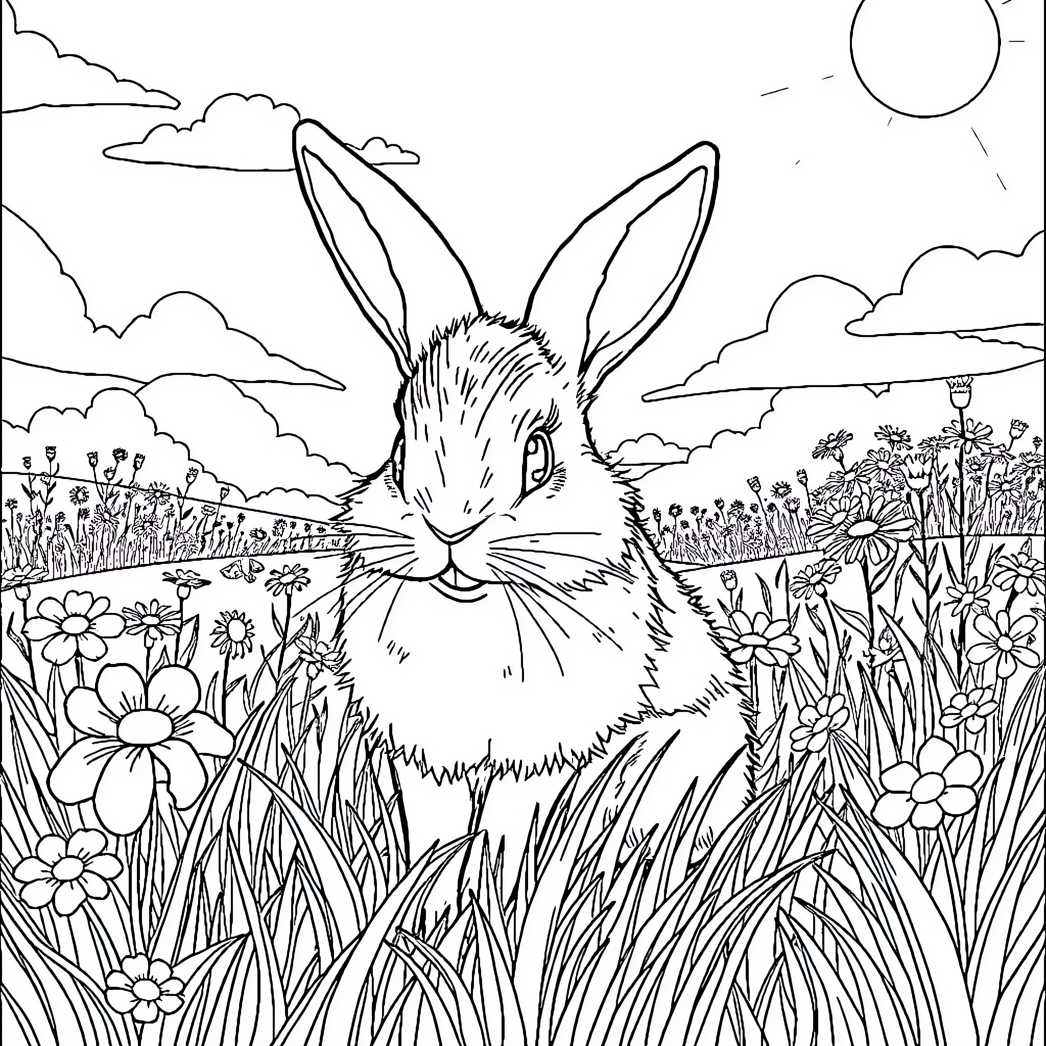 Bunny exploring the vibrant floral meadow Coloring Page (free black-and-white line drawing printable PDF for all, from beginners to advanced learners, including children, teens, adults, and seniors)