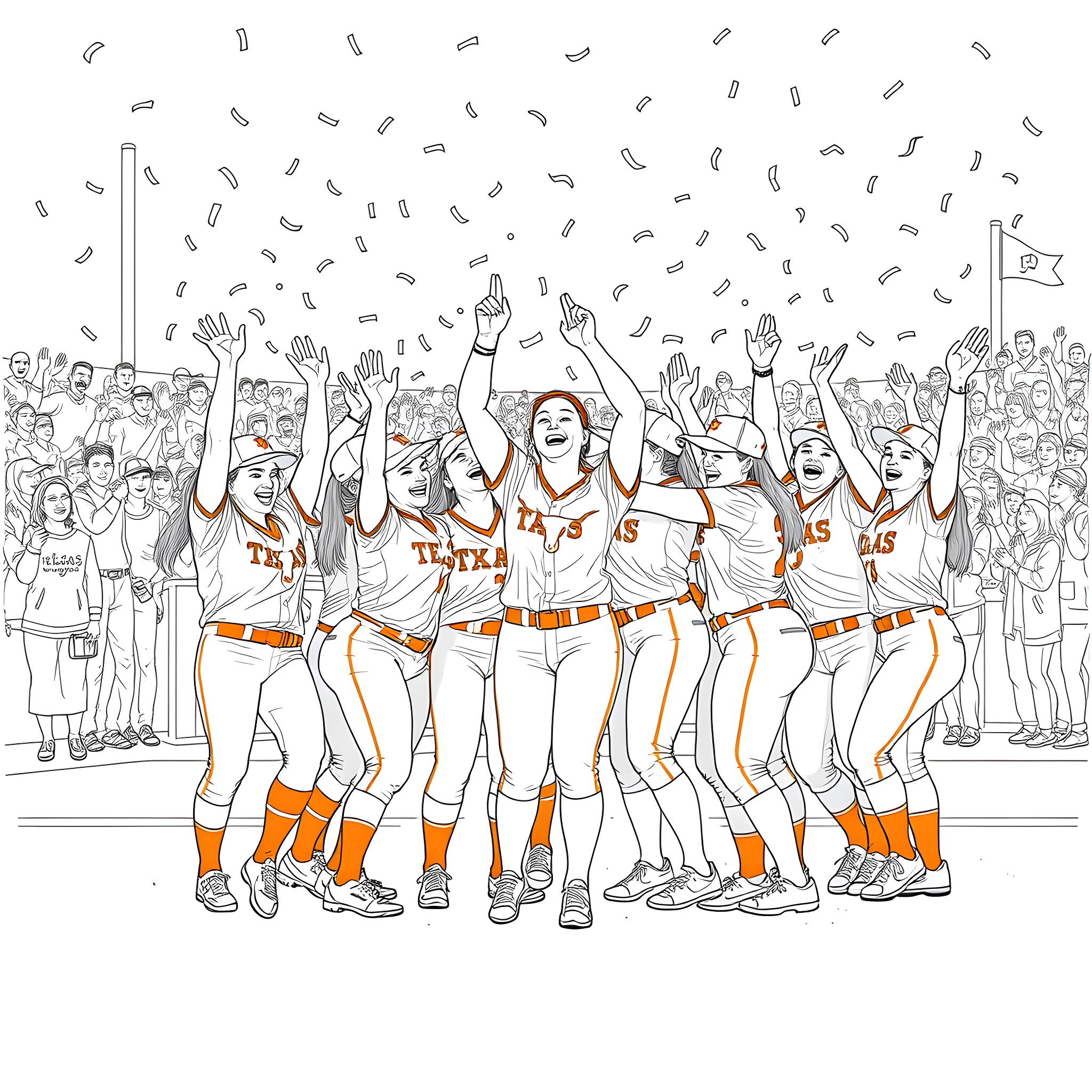 Texas Longhorns Softball Team Celebrating Victory Coloring Page (free black-and-white line drawing printable PDF for all, from beginners to advanced learners, including children, teens, adults, and seniors)