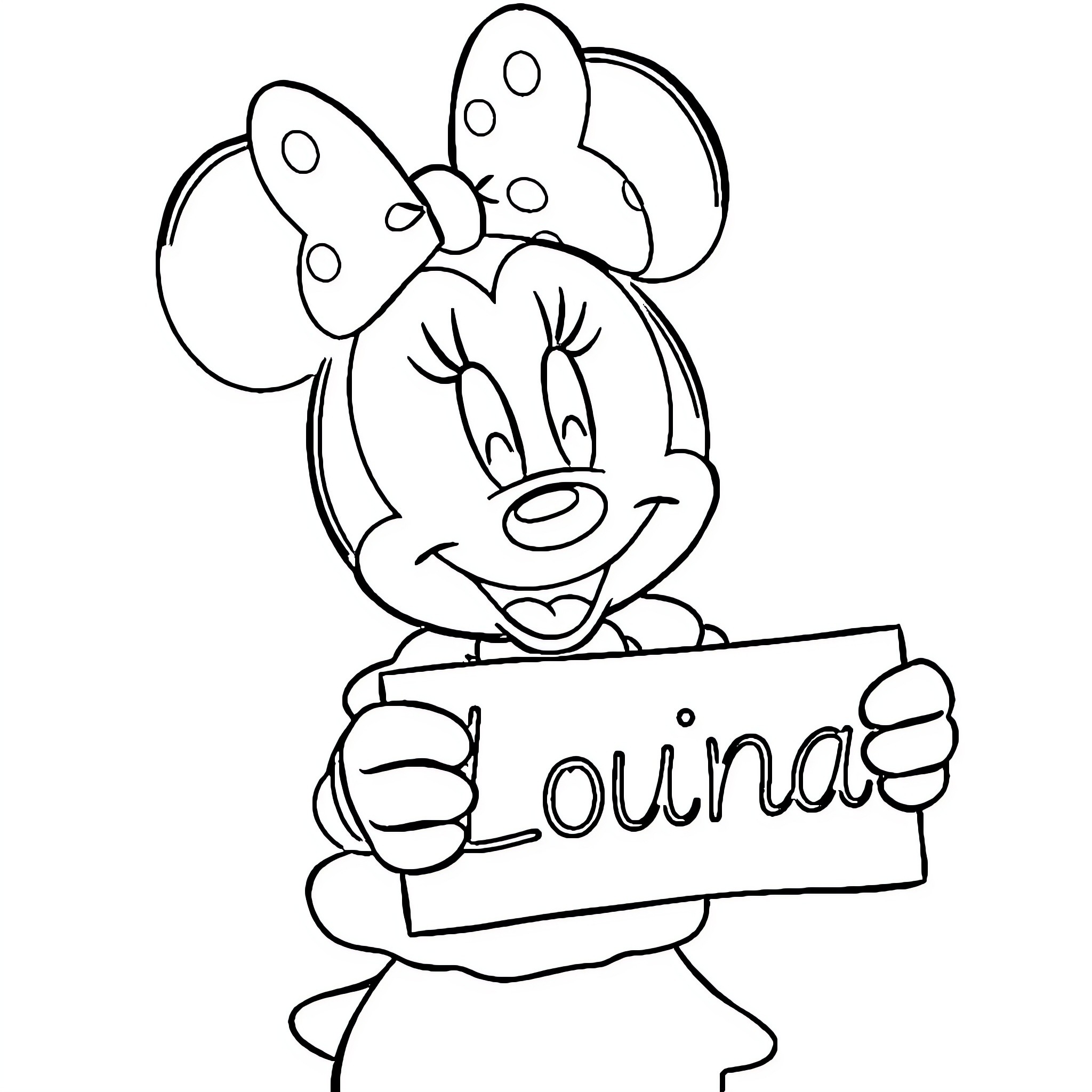 Minnie Mouse holding a 'Louina' sign Coloring Page (free black-and-white line drawing printable PDF for all, from beginners to advanced learners, including children, teens, adults, and seniors)
