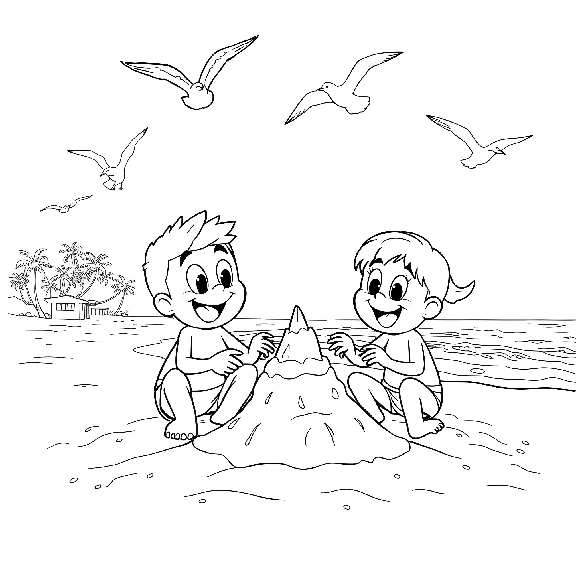 Bluey and friends enjoying the beach Coloring Page (free black-and-white line drawing printable PDF for all, from beginners to advanced learners, including children, teens, adults, and seniors)