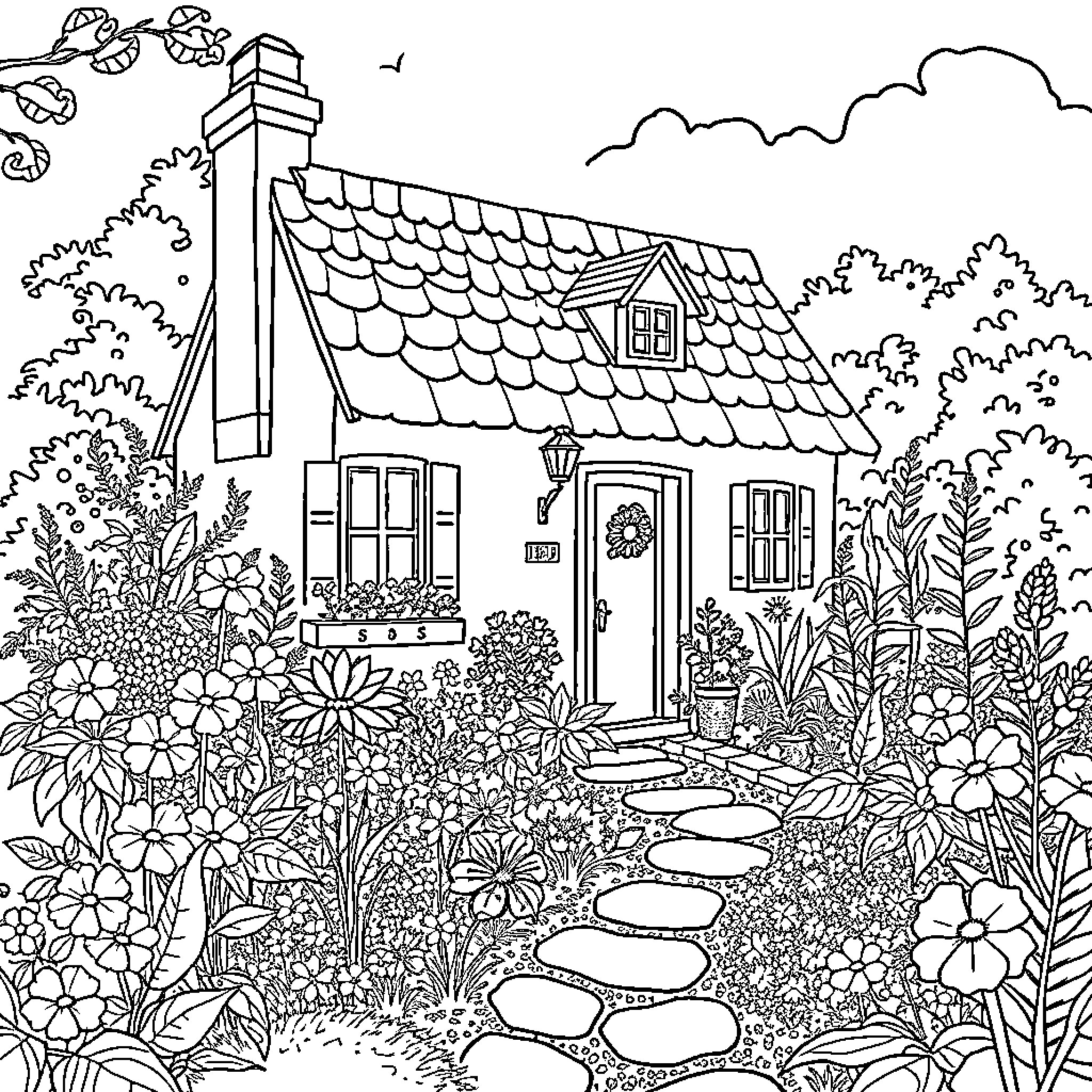 Bunny cottage surrounded by lush garden and flowers Coloring Page (free black-and-white line drawing printable PDF for all, from beginners to advanced learners, including children, teens, adults, and seniors)