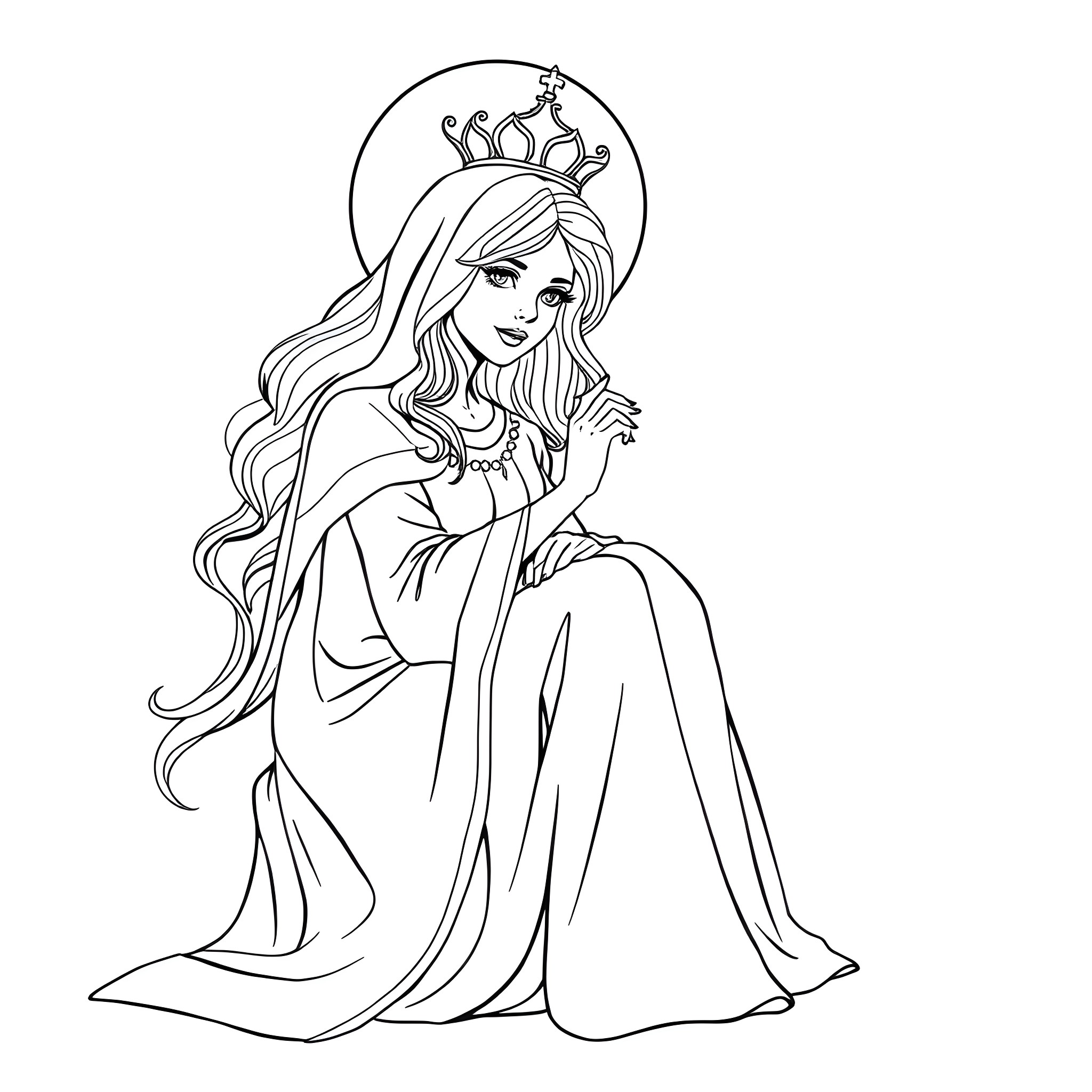 Saint Martha in a serene pose with a crown Coloring Page (free black-and-white line drawing printable PDF for all, from beginners to advanced learners, including children, teens, adults, and seniors)