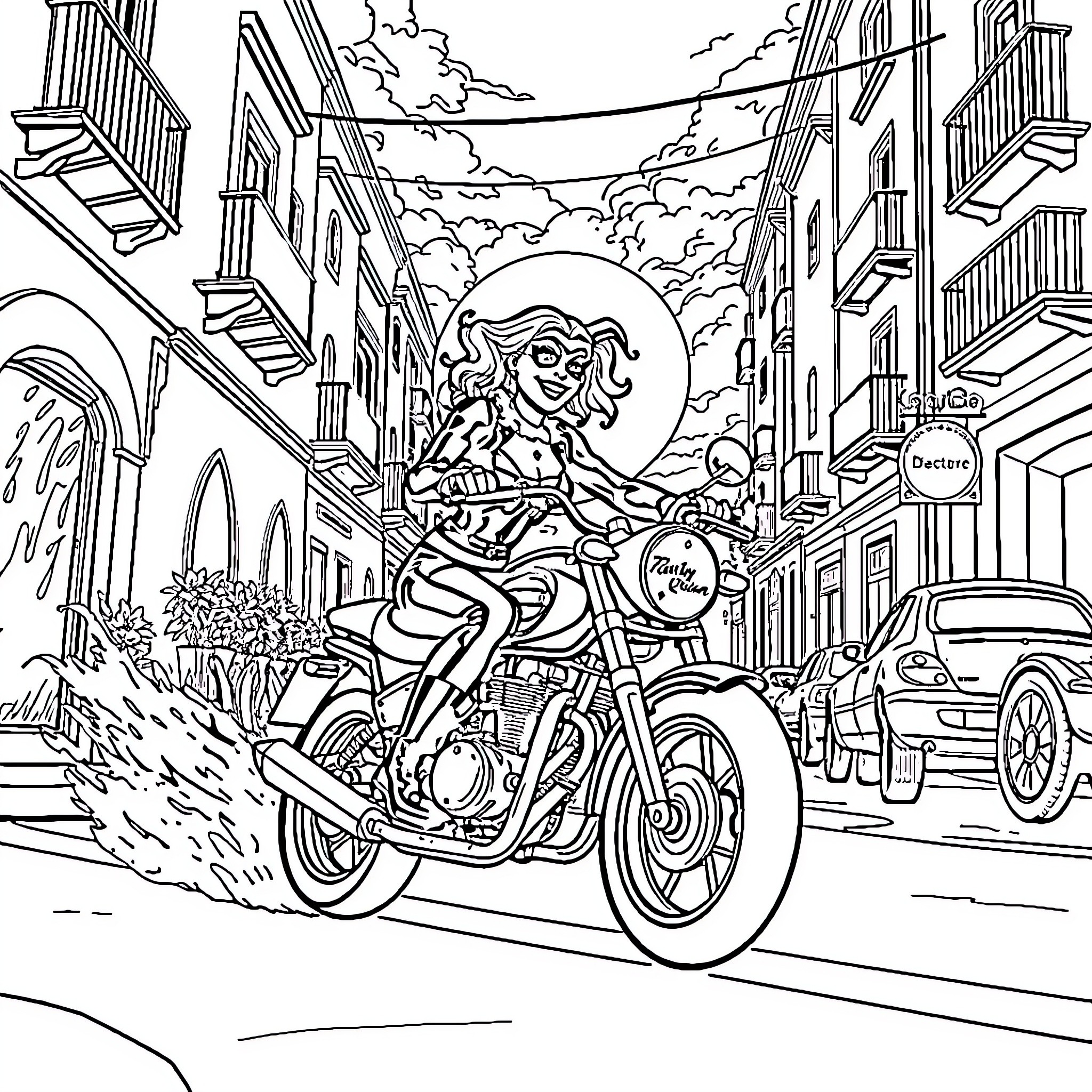 Harley Quinn's Exciting Urban Motorcycle Adventure Coloring Page (free black-and-white line drawing printable PDF for all, from beginners to advanced learners, including children, teens, adults, and seniors)