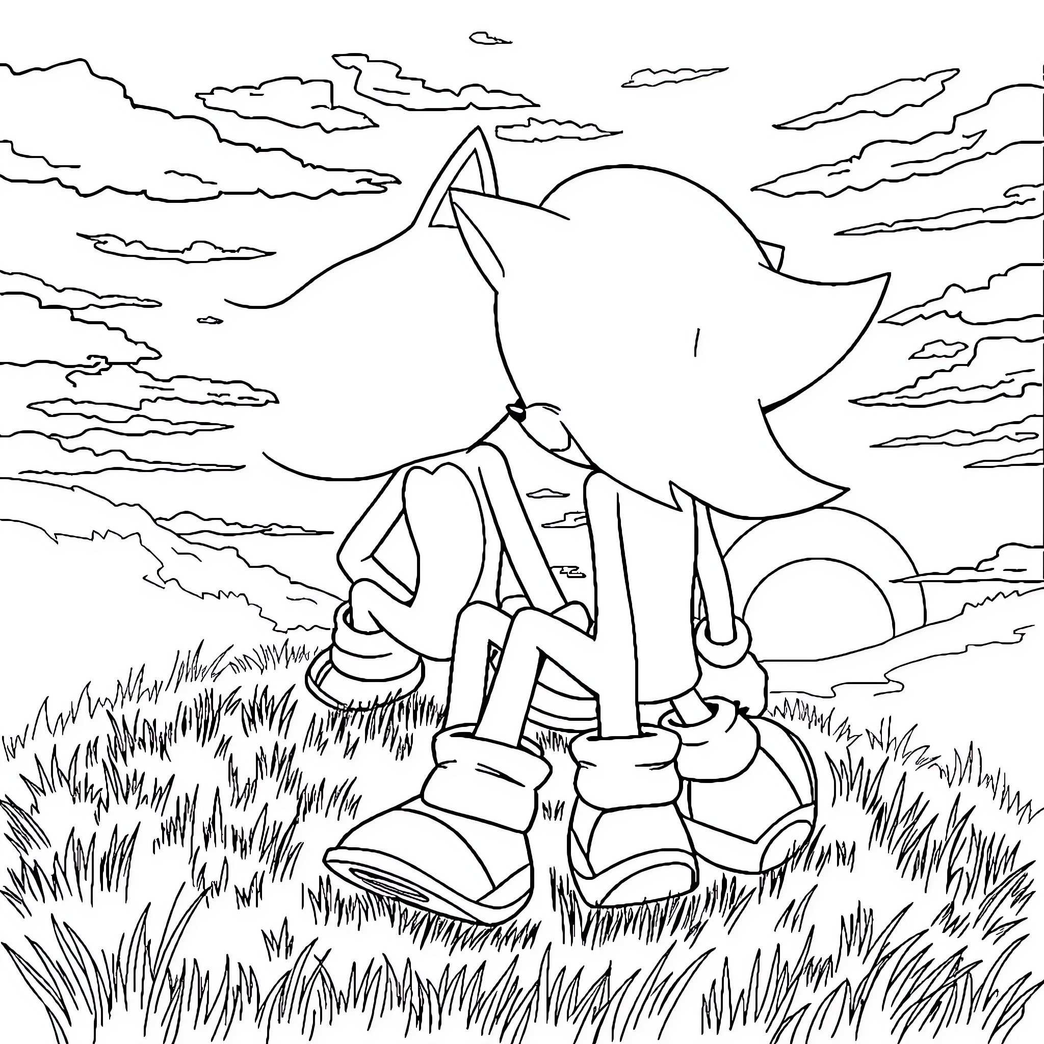 Sonic running energetically through the grassy landscape Coloring Page (free black-and-white line drawing printable PDF for all, from beginners to advanced learners, including children, teens, adults, and seniors)
