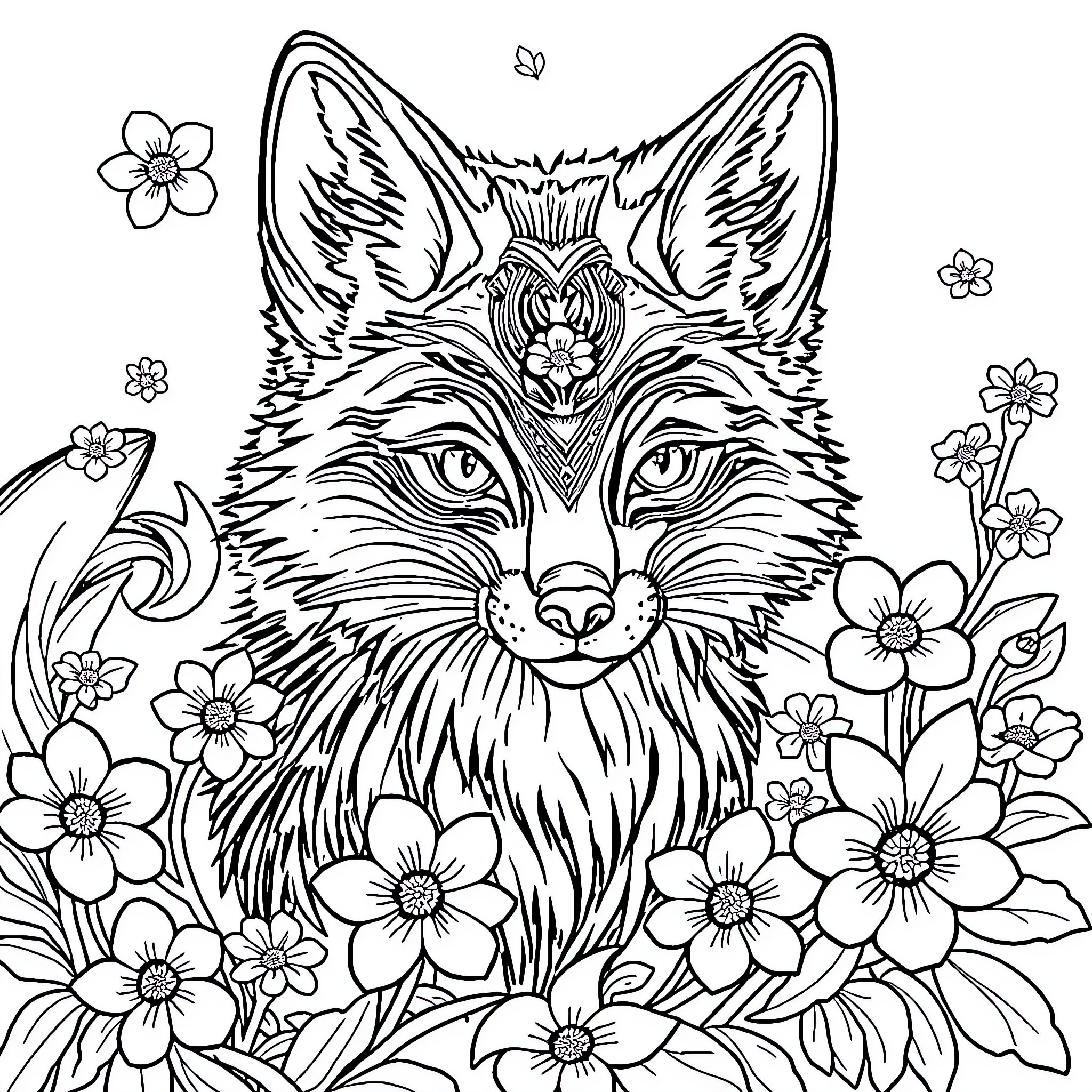 Kitsune fox surrounded by enchanting flowers Coloring Page (free black-and-white line drawing printable PDF for all, from beginners to advanced learners, including children, teens, adults, and seniors)