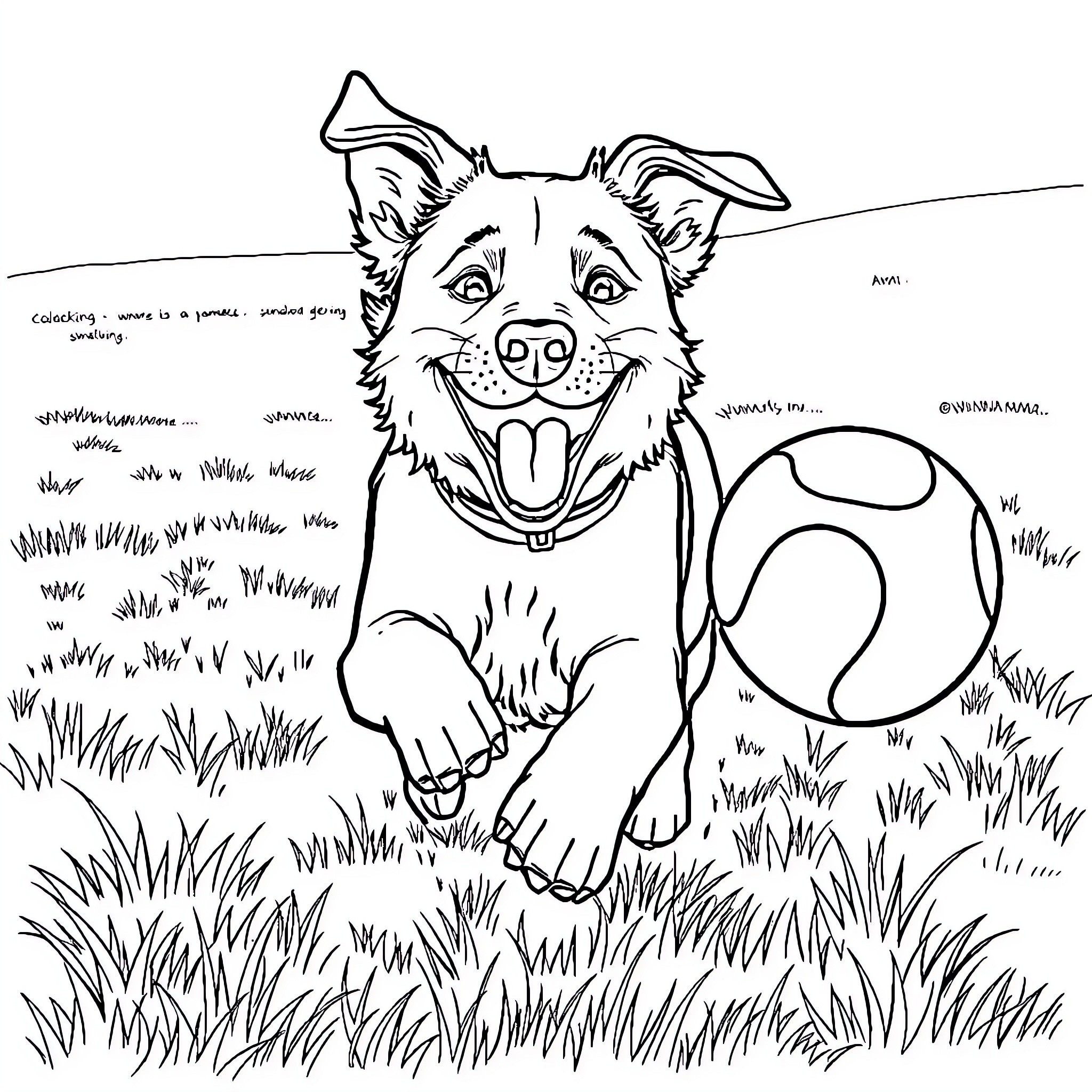 Dog happily playing with ball in the grass Coloring Page (free black-and-white line drawing printable PDF for all, from beginners to advanced learners, including children, teens, adults, and seniors)