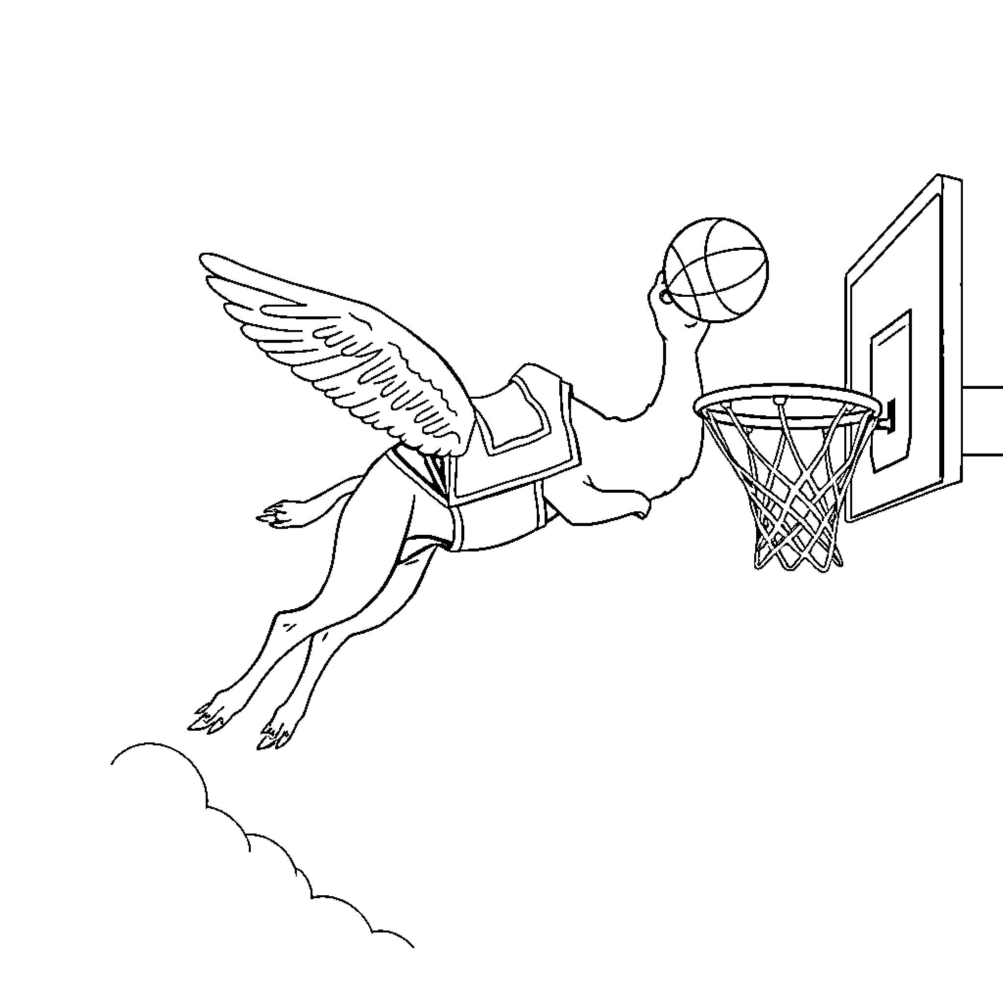 Camel-like creature soaring with basketball Coloring Page (free black-and-white line drawing printable PDF for all, from beginners to advanced learners, including children, teens, adults, and seniors)