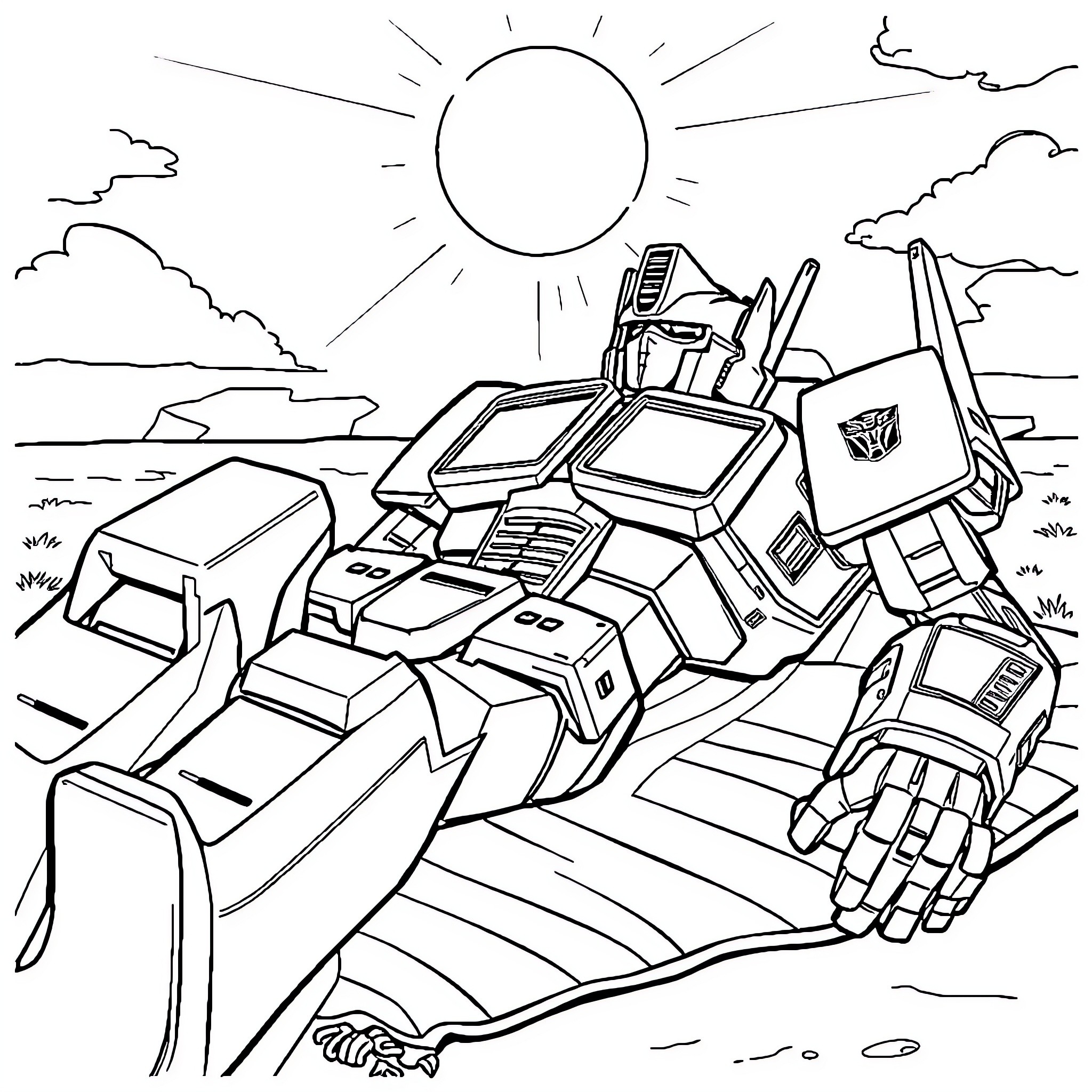 Optimus Prime in heroic battle stance Coloring Page (free black-and-white line drawing printable PDF for all, from beginners to advanced learners, including children, teens, adults, and seniors)