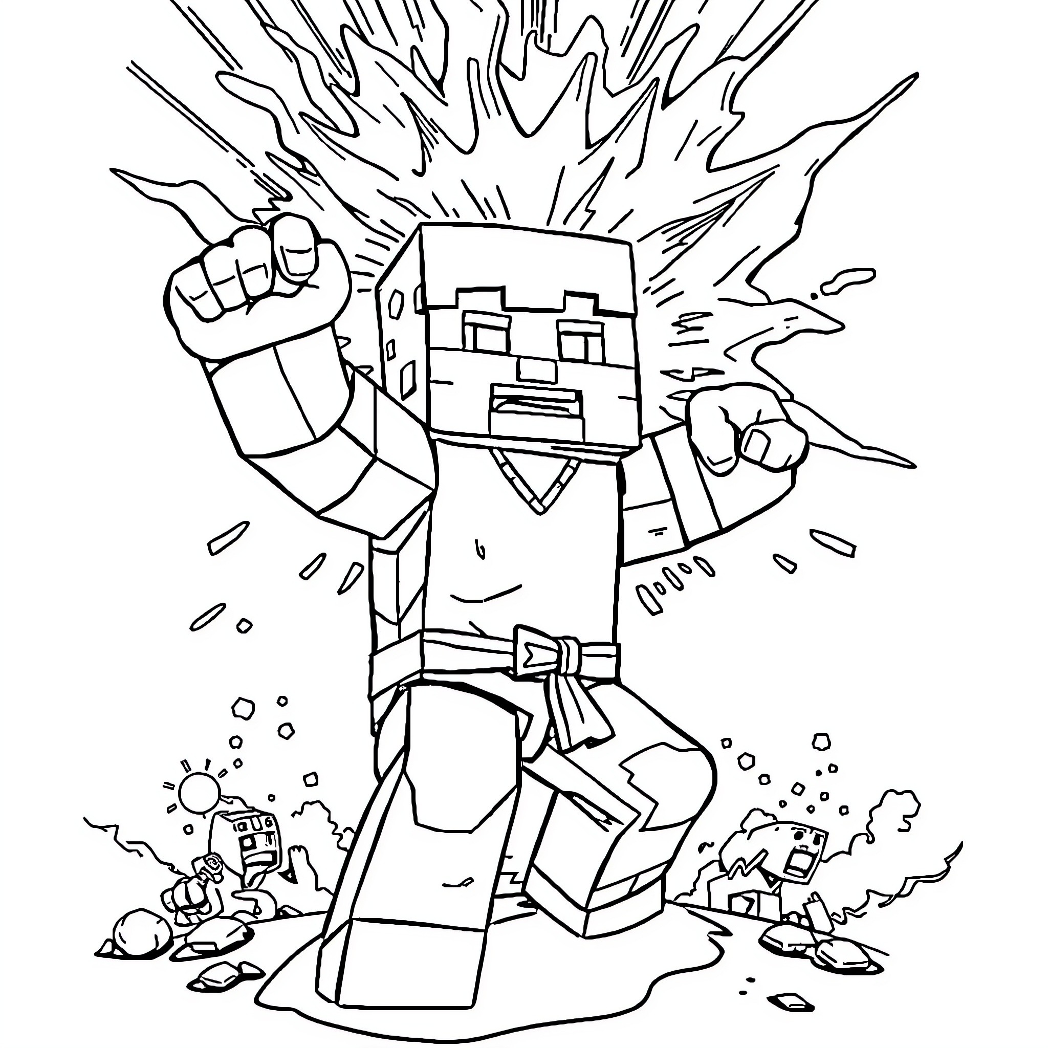 Minecraft character in action pose Coloring Page (free black-and-white line drawing printable PDF for all, from beginners to advanced learners, including children, teens, adults, and seniors)