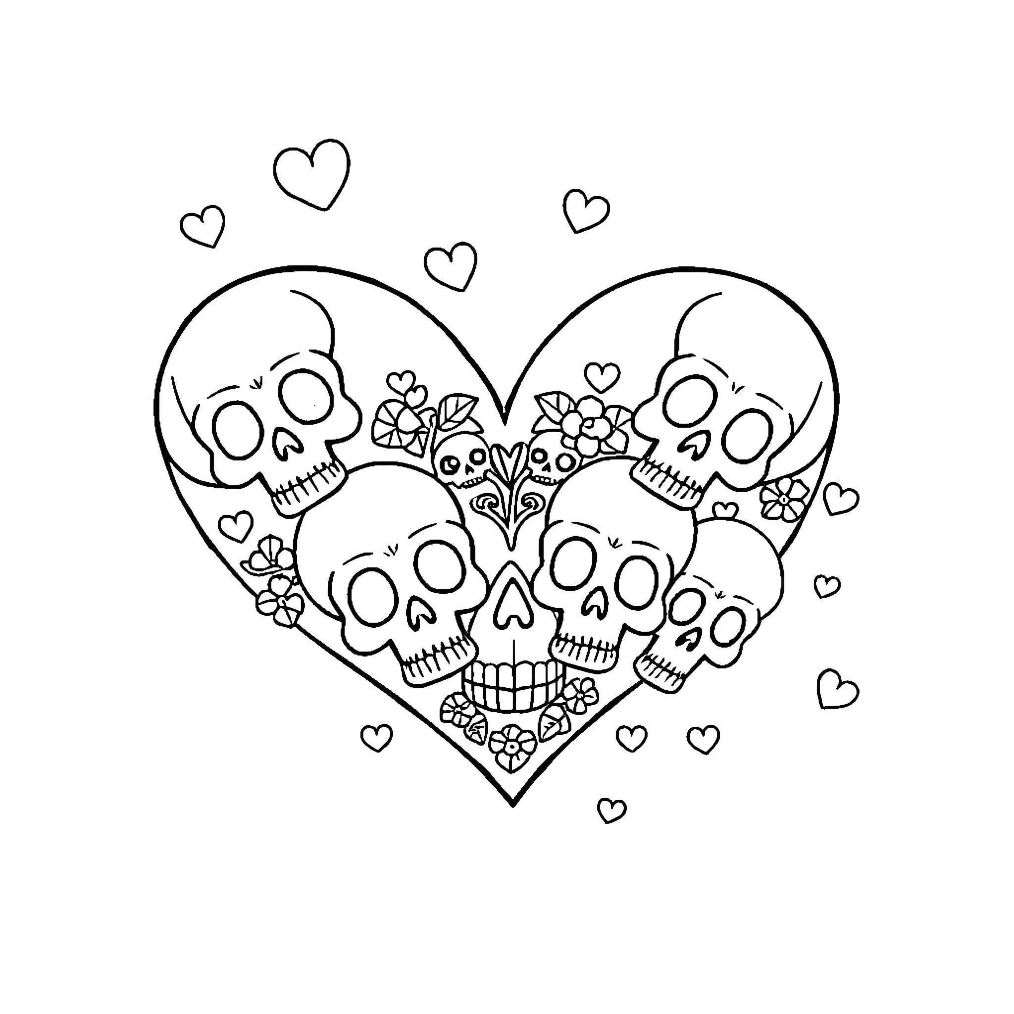 Heart filled with festive skull decorations Coloring Page (free black-and-white line drawing printable PDF for all, from beginners to advanced learners, including children, teens, adults, and seniors)