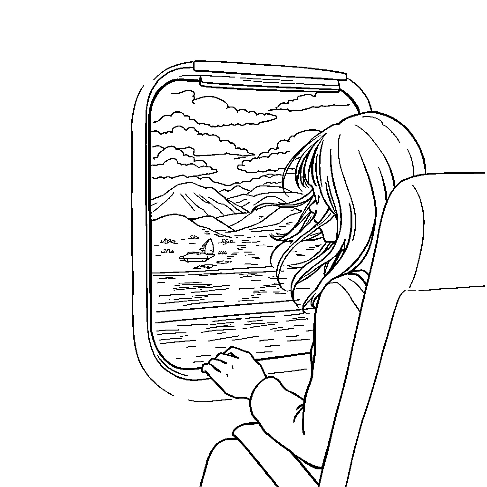 Girl gazing out airplane window at scenic landscape Coloring Page (free black-and-white line drawing printable PDF for all, from beginners to advanced learners, including children, teens, adults, and seniors)