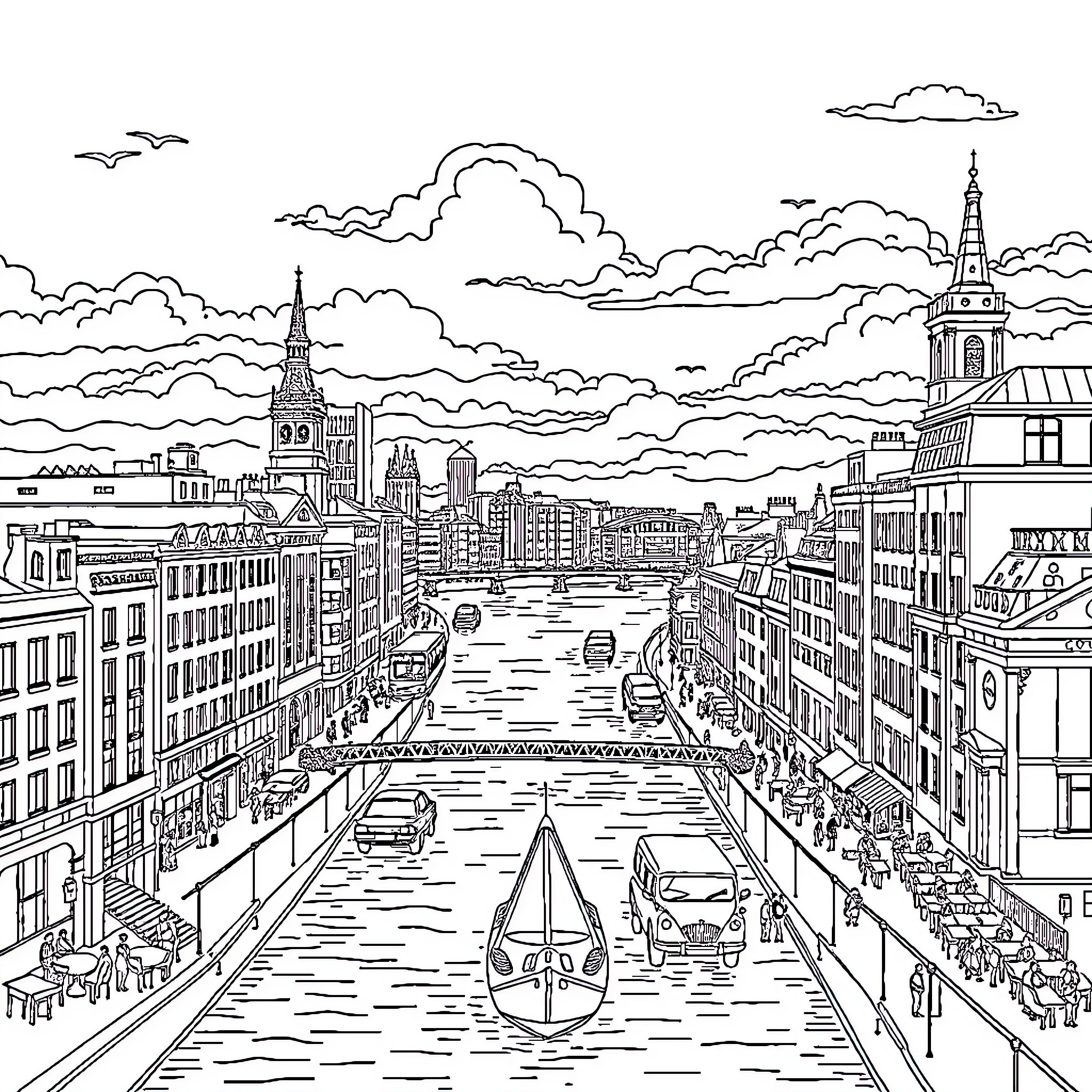 Liverpool Cityscape with Boats and Bustling Scenes Coloring Page (free black-and-white line drawing printable PDF for all, from beginners to advanced learners, including children, teens, adults, and seniors)