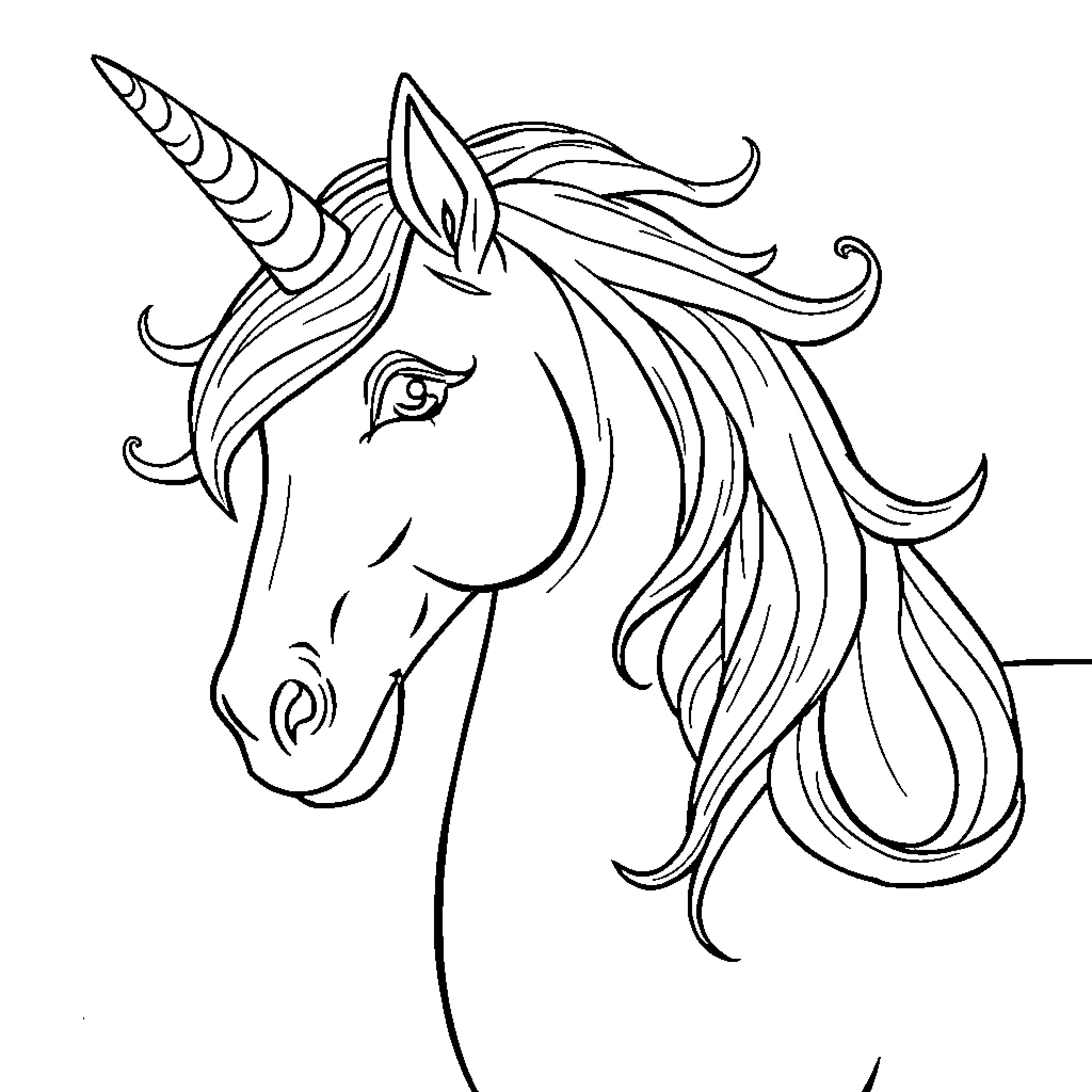 Unicorn with flowing mane and horn Coloring Page (free black-and-white line drawing printable PDF for all, from beginners to advanced learners, including children, teens, adults, and seniors)