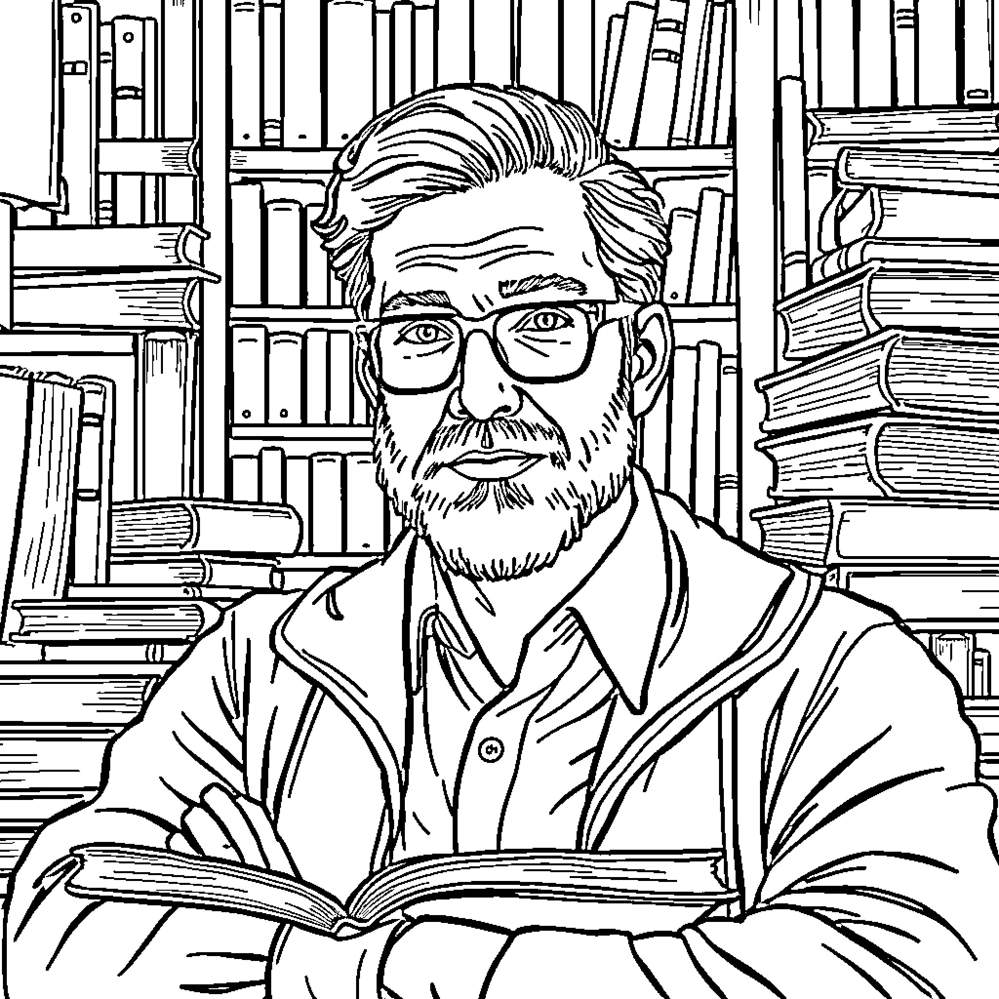Hero Reads Books in Library with Thoughtful Expression Coloring Page (free black-and-white line drawing printable PDF for all, from beginners to advanced learners, including children, teens, adults, and seniors)