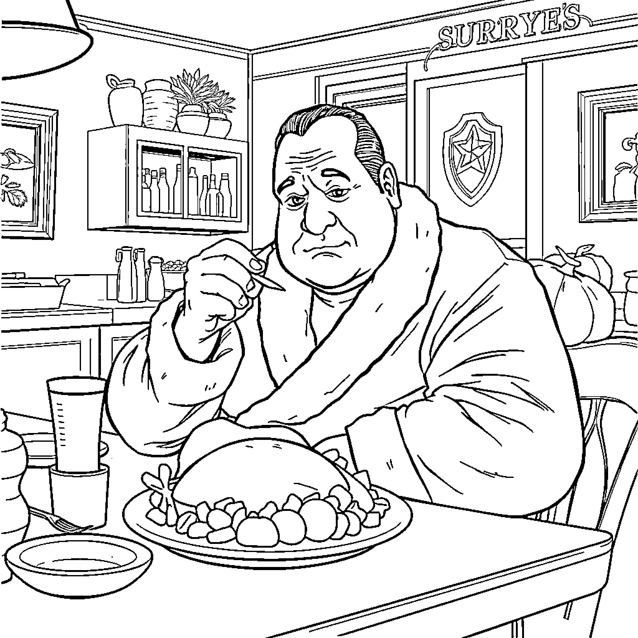 Tony Soprano contemplating a meal at his favorite diner Coloring Page (free black-and-white line drawing printable PDF for all, from beginners to advanced learners, including children, teens, adults, and seniors)