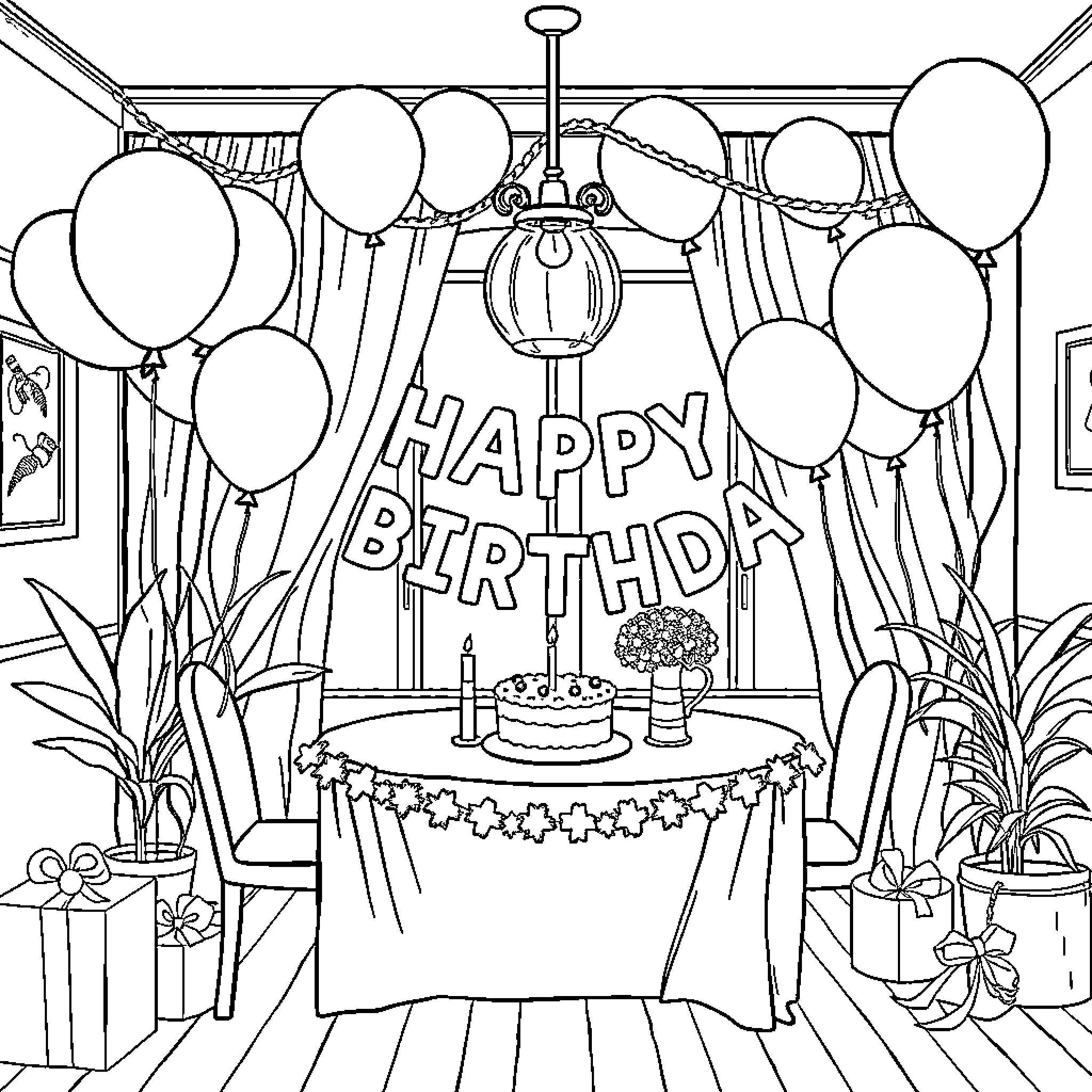 Birthday Party with Balloons and Decorations Coloring Page (free black-and-white line drawing printable PDF for all, from beginners to advanced learners, including children, teens, adults, and seniors)