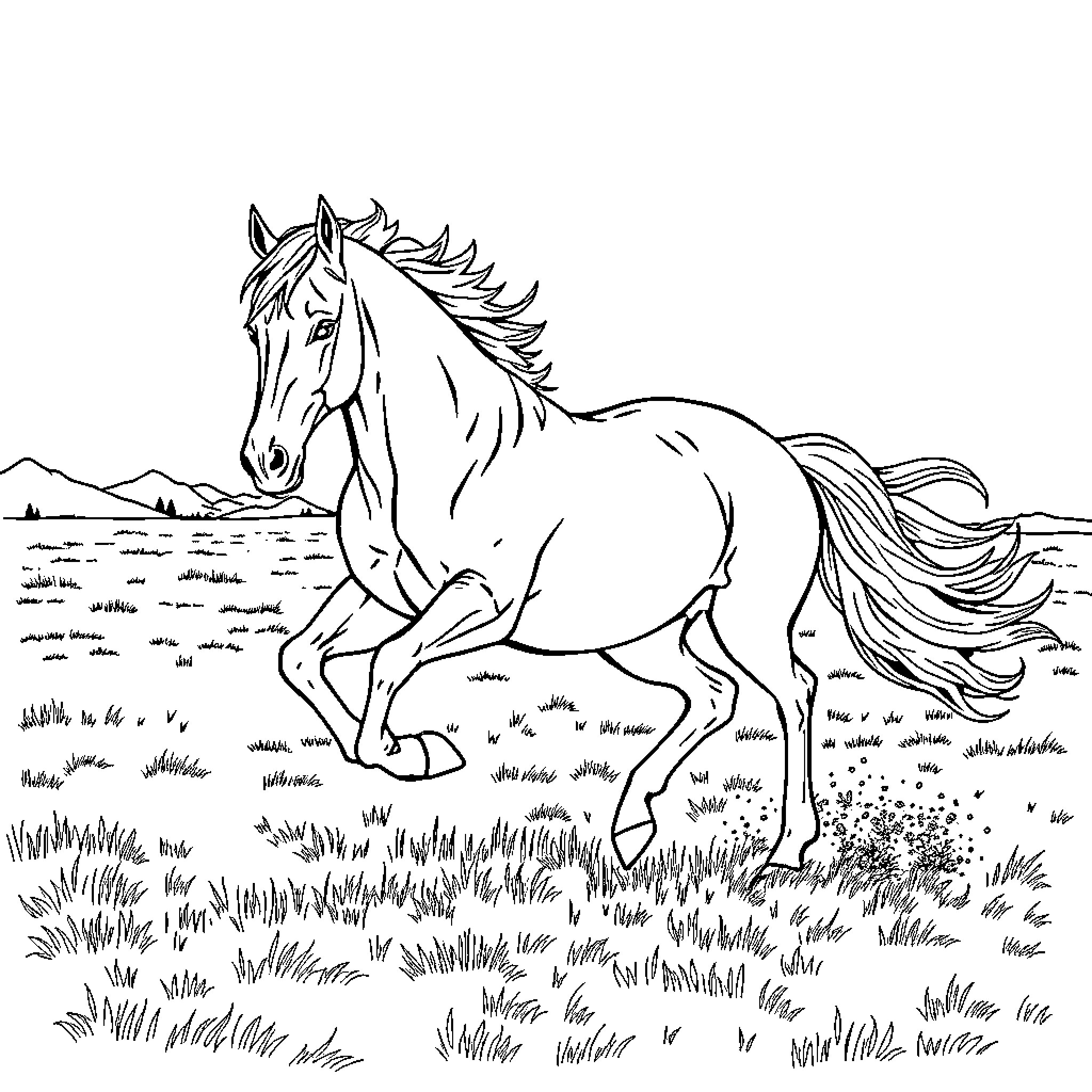 Horse running freely in the meadow Coloring Page (free black-and-white line drawing printable PDF for all, from beginners to advanced learners, including children, teens, adults, and seniors)