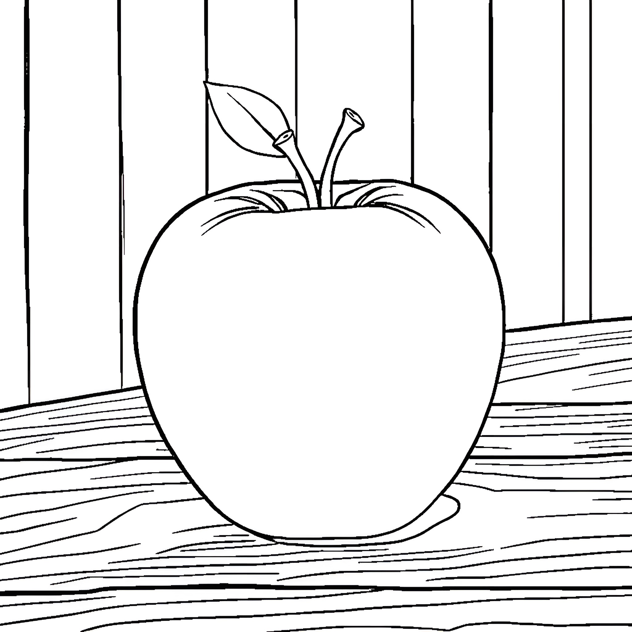 Apple on Wooden Planks Coloring Page (free black-and-white line drawing printable PDF for all, from beginners to advanced learners, including children, teens, adults, and seniors)