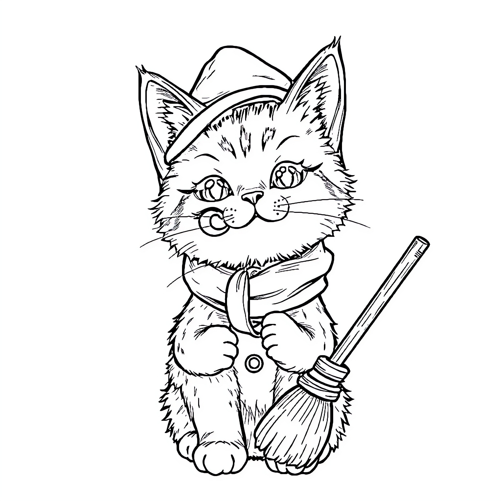Cat cleaning up with broom Coloring Page (free black-and-white line drawing printable PDF for all, from beginners to advanced learners, including children, teens, adults, and seniors)